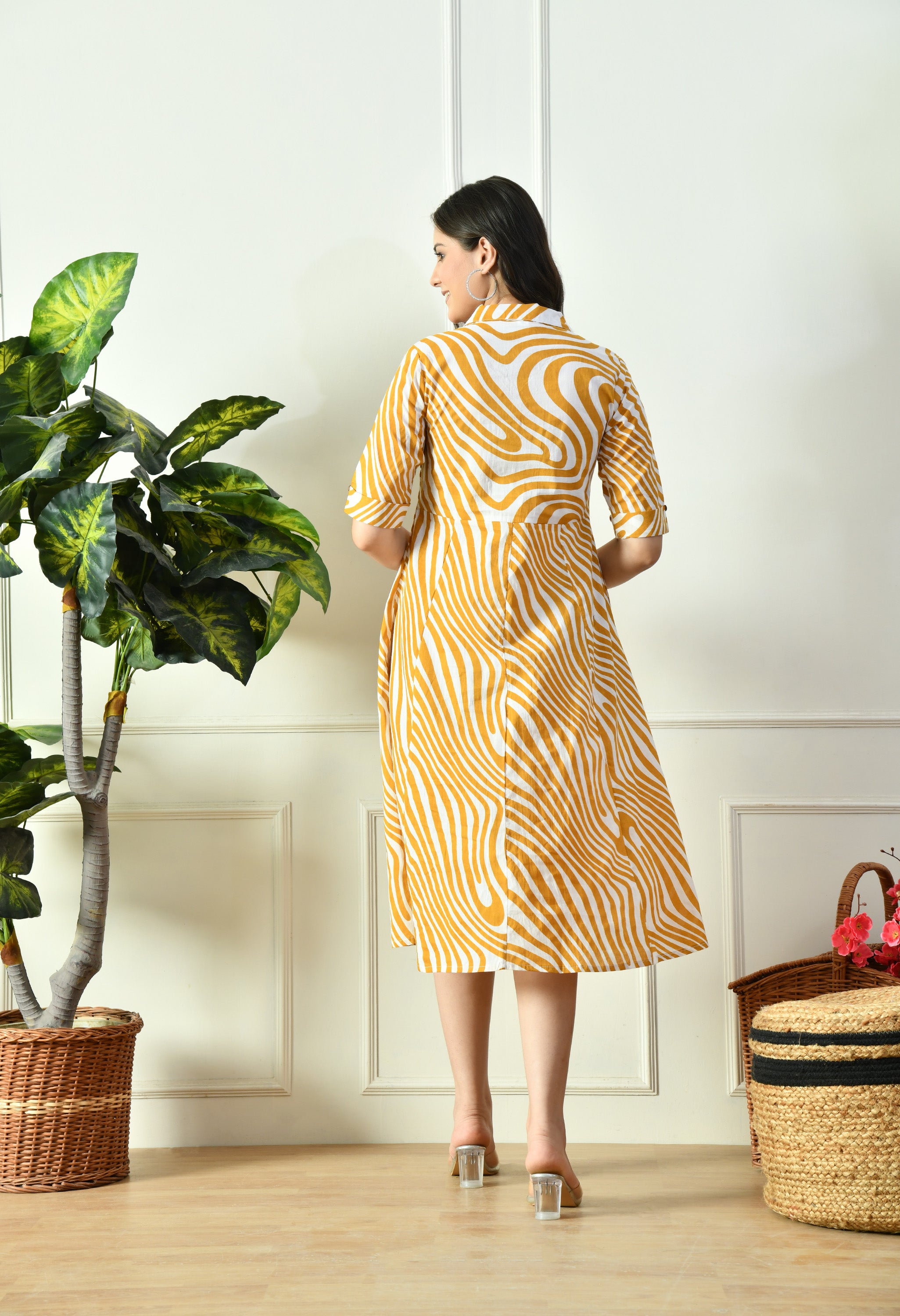 Women’s Stylish A-Line Printed Kurti Dress – Available in Yellow, Blue & Pink