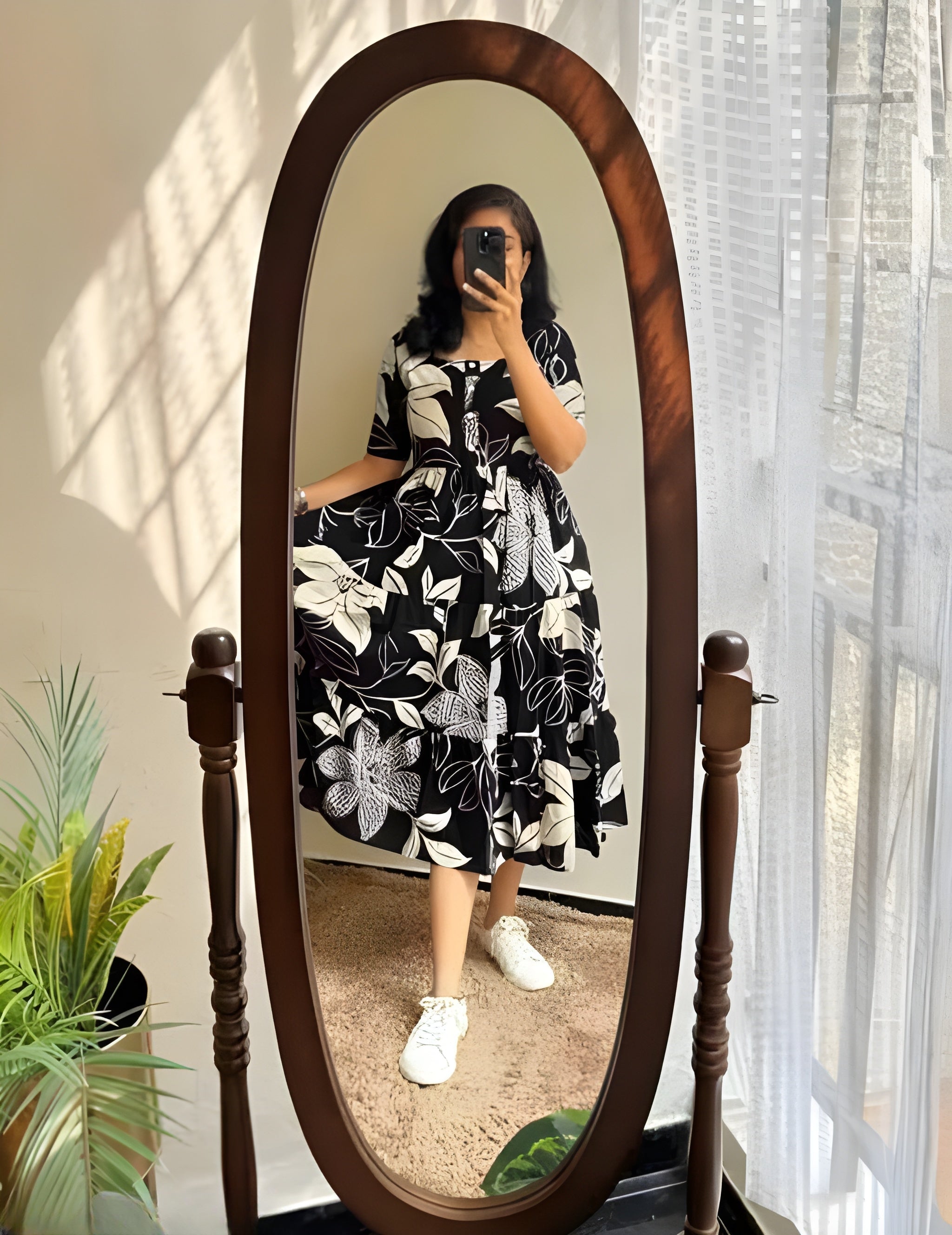 Black & White Floral Printed Anarkali Kurti