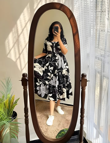 Black & White Floral Printed Anarkali Kurti