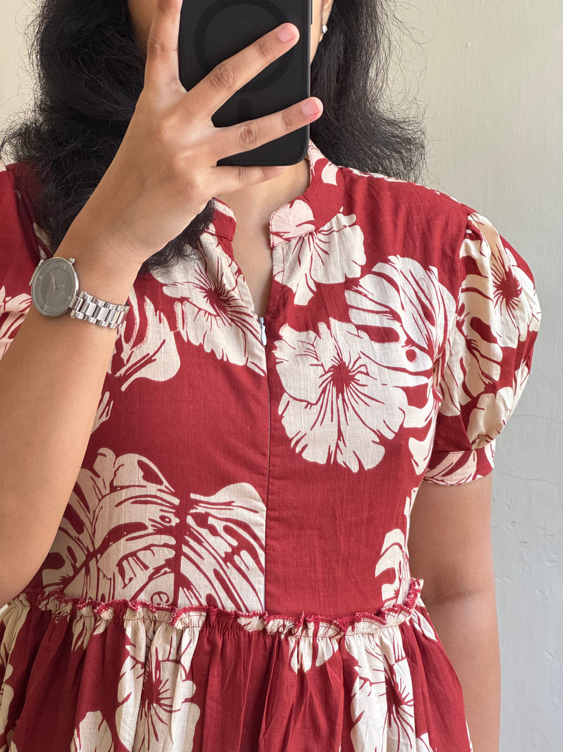 Red & White Floral Printed Anarkali Kurti