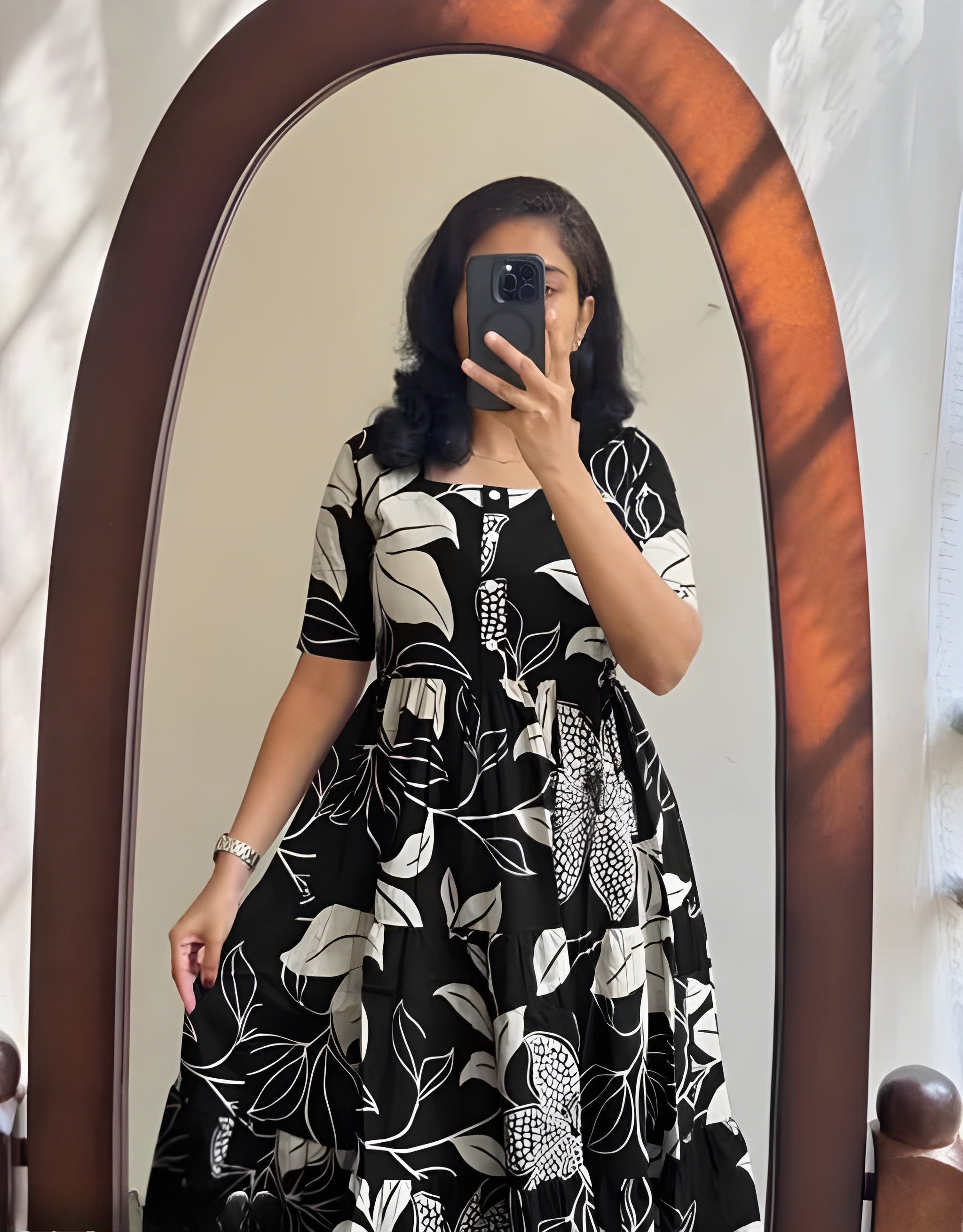 Black & White Floral Printed Anarkali Kurti