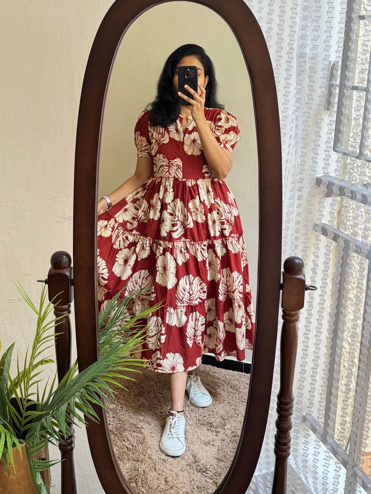 Red & White Floral Printed Anarkali Kurti