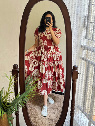 Red & White Floral Printed Anarkali Kurti