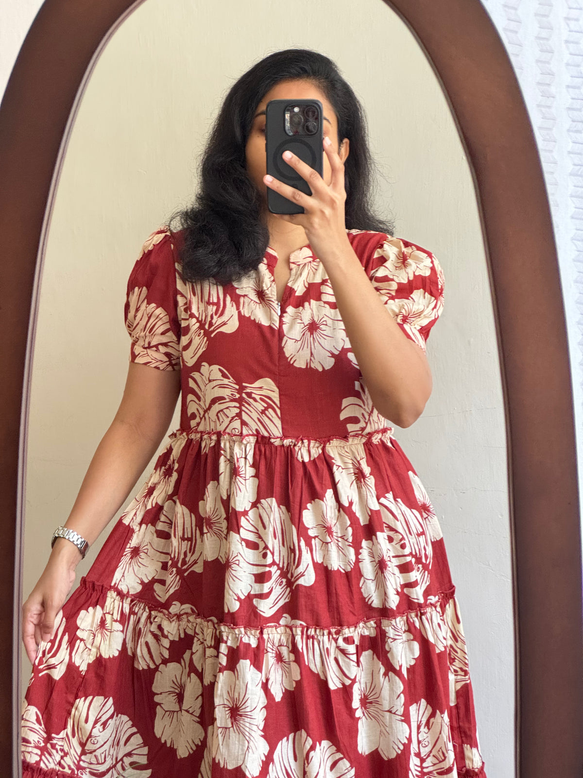 Red & White Floral Printed Anarkali Kurti