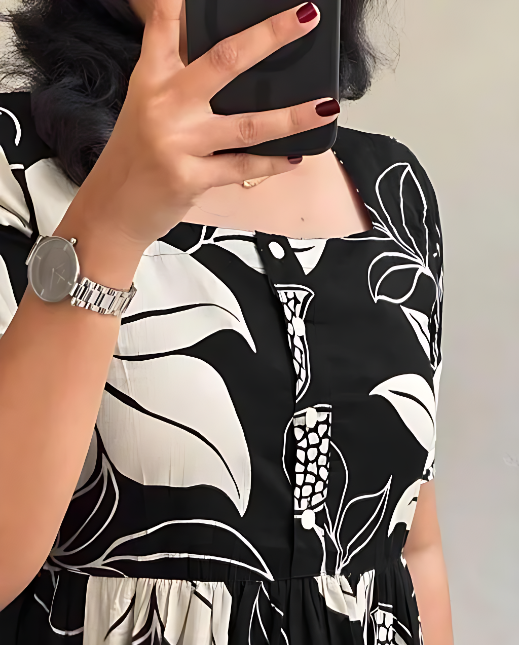 Black & White Floral Printed Anarkali Kurti