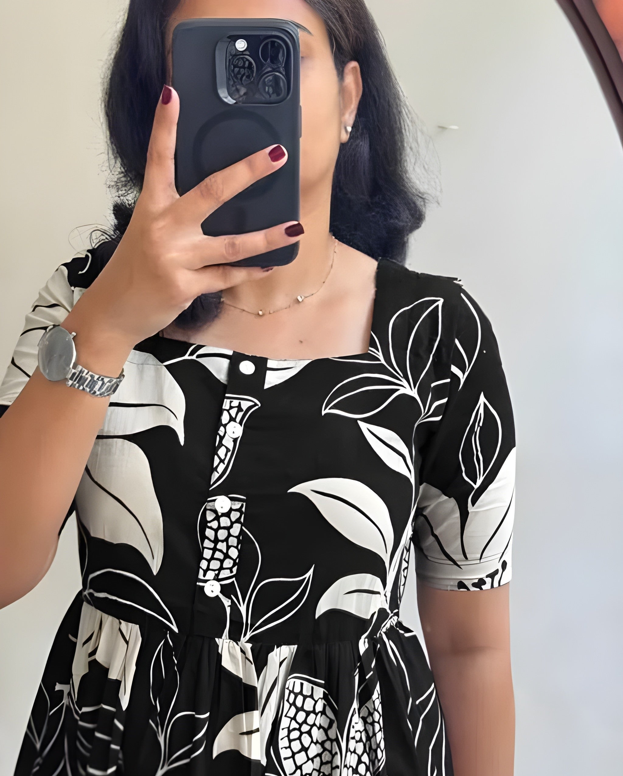 Black & White Floral Printed Anarkali Kurti