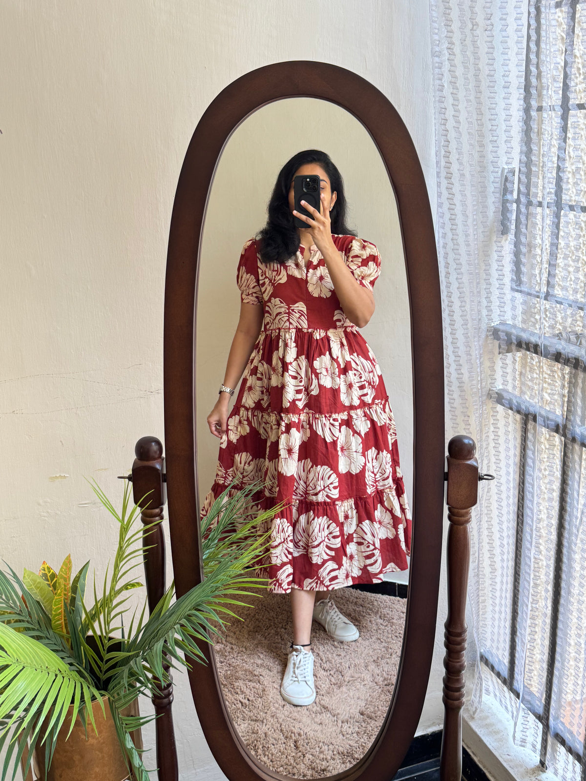 Red & White Floral Printed Anarkali Kurti