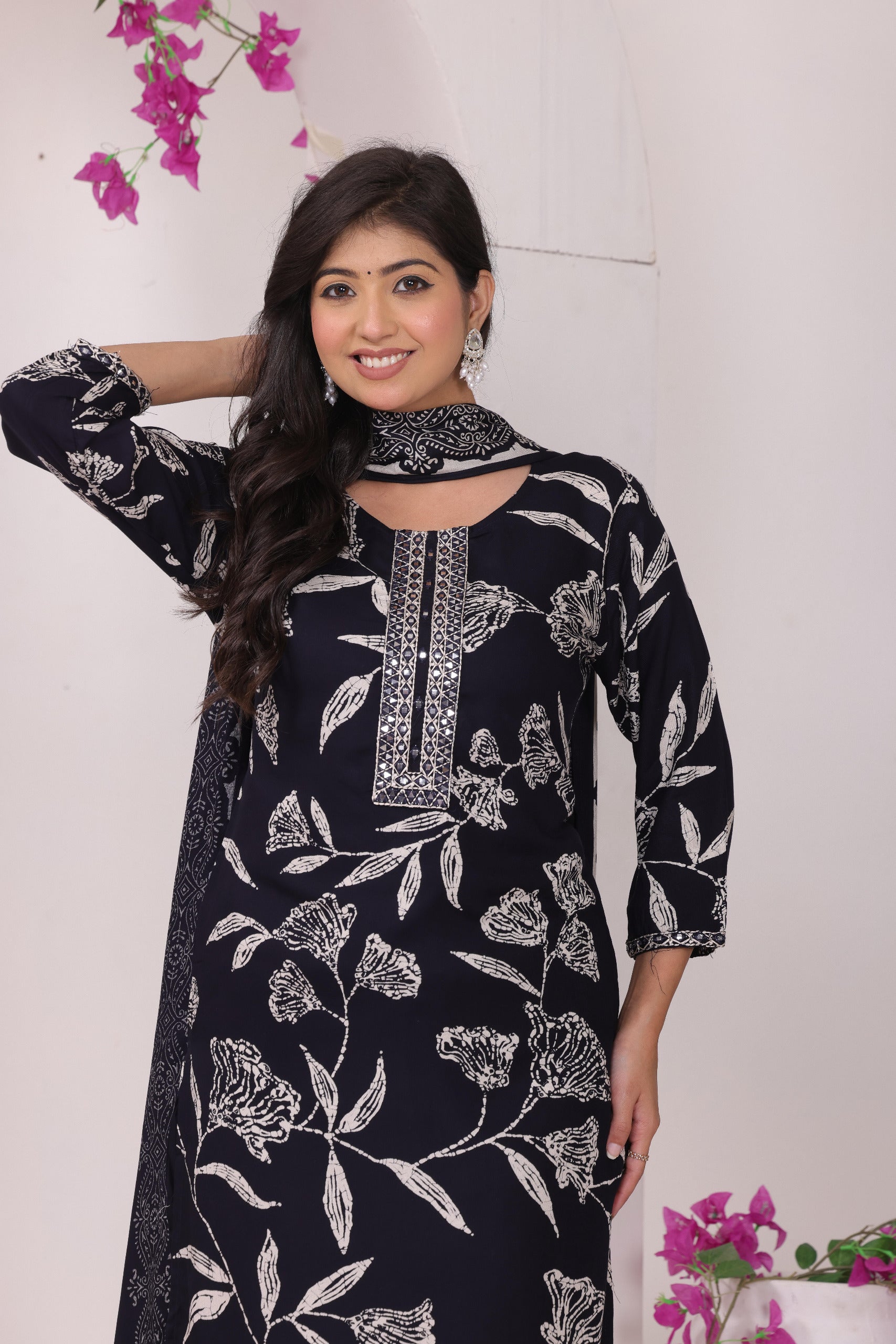 Midnight Bloom: Elegant Floral Printed Kurta Set with Dupatta