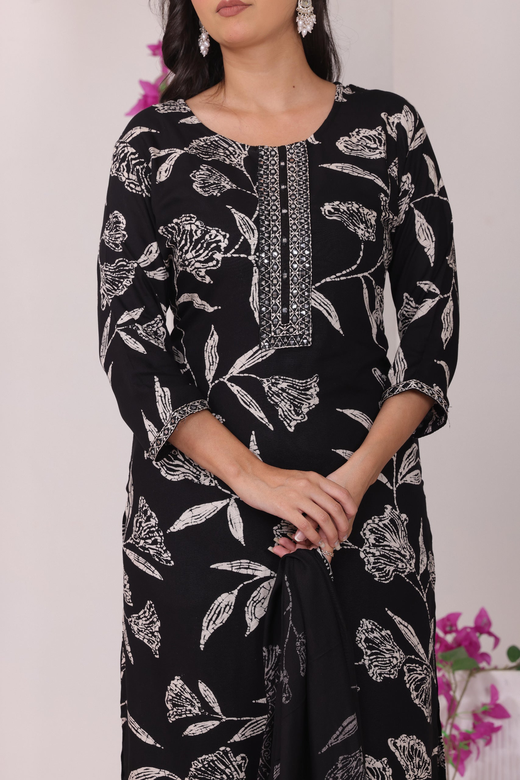 Midnight Bloom: Elegant Floral Printed Kurta Set with Dupatta