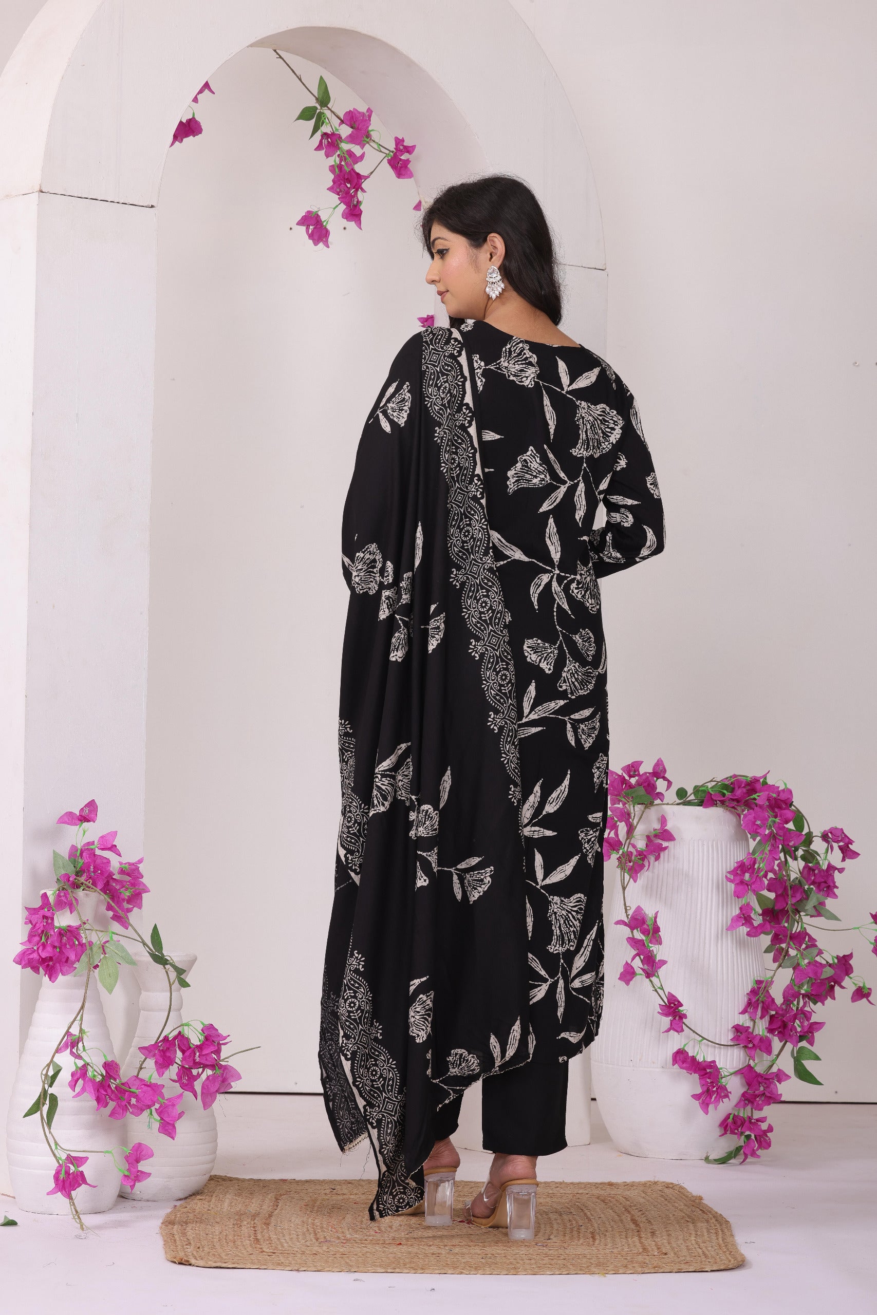 Midnight Bloom: Elegant Floral Printed Kurta Set with Dupatta