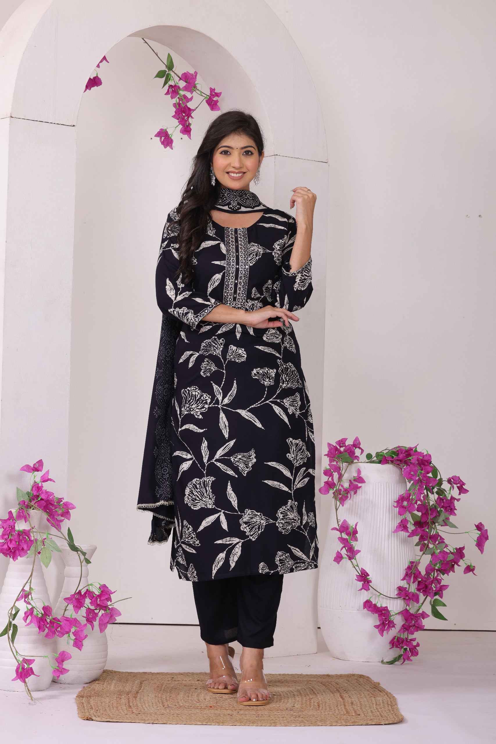 Midnight Bloom: Elegant Floral Printed Kurta Set with Dupatta