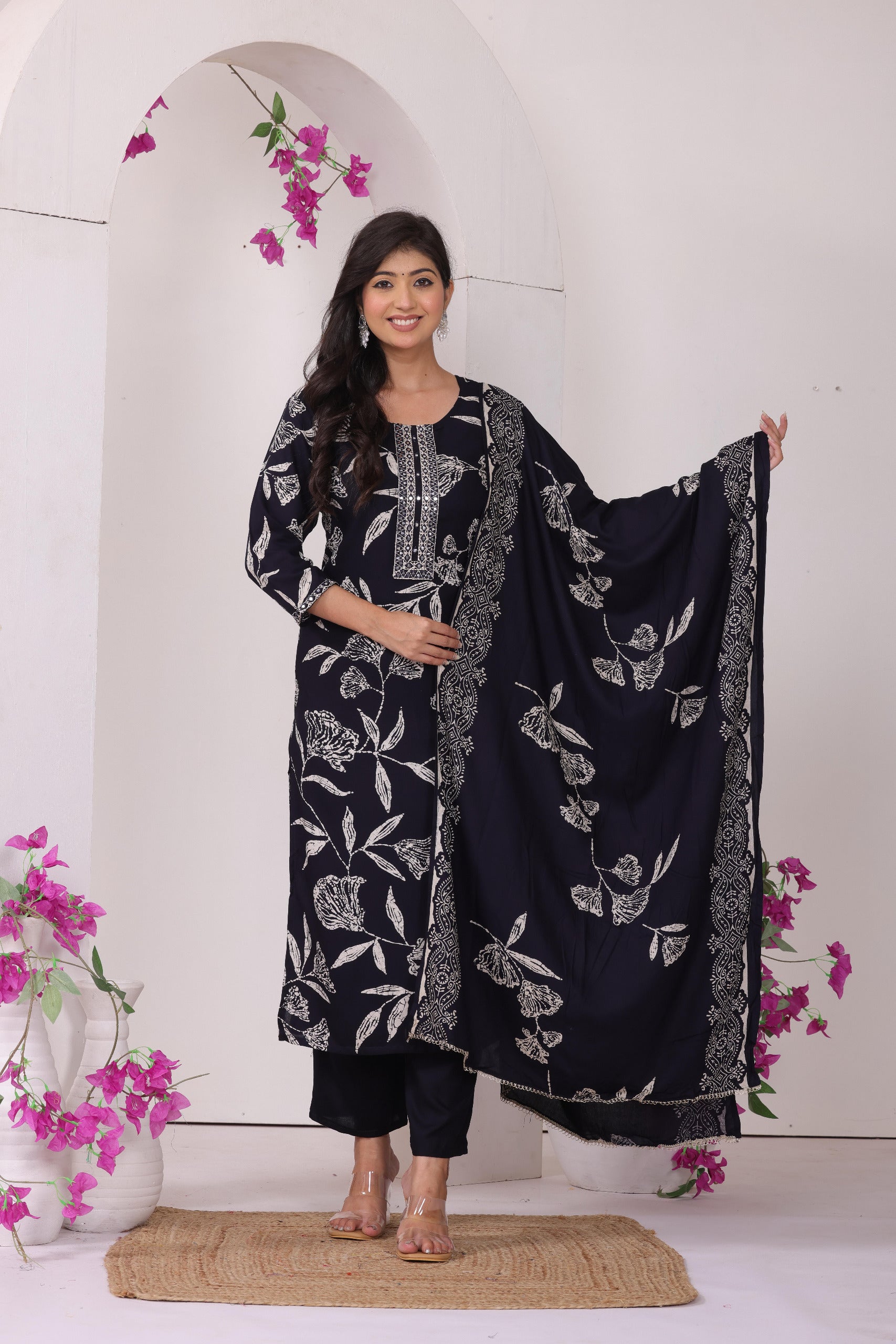 Midnight Bloom: Elegant Floral Printed Kurta Set with Dupatta