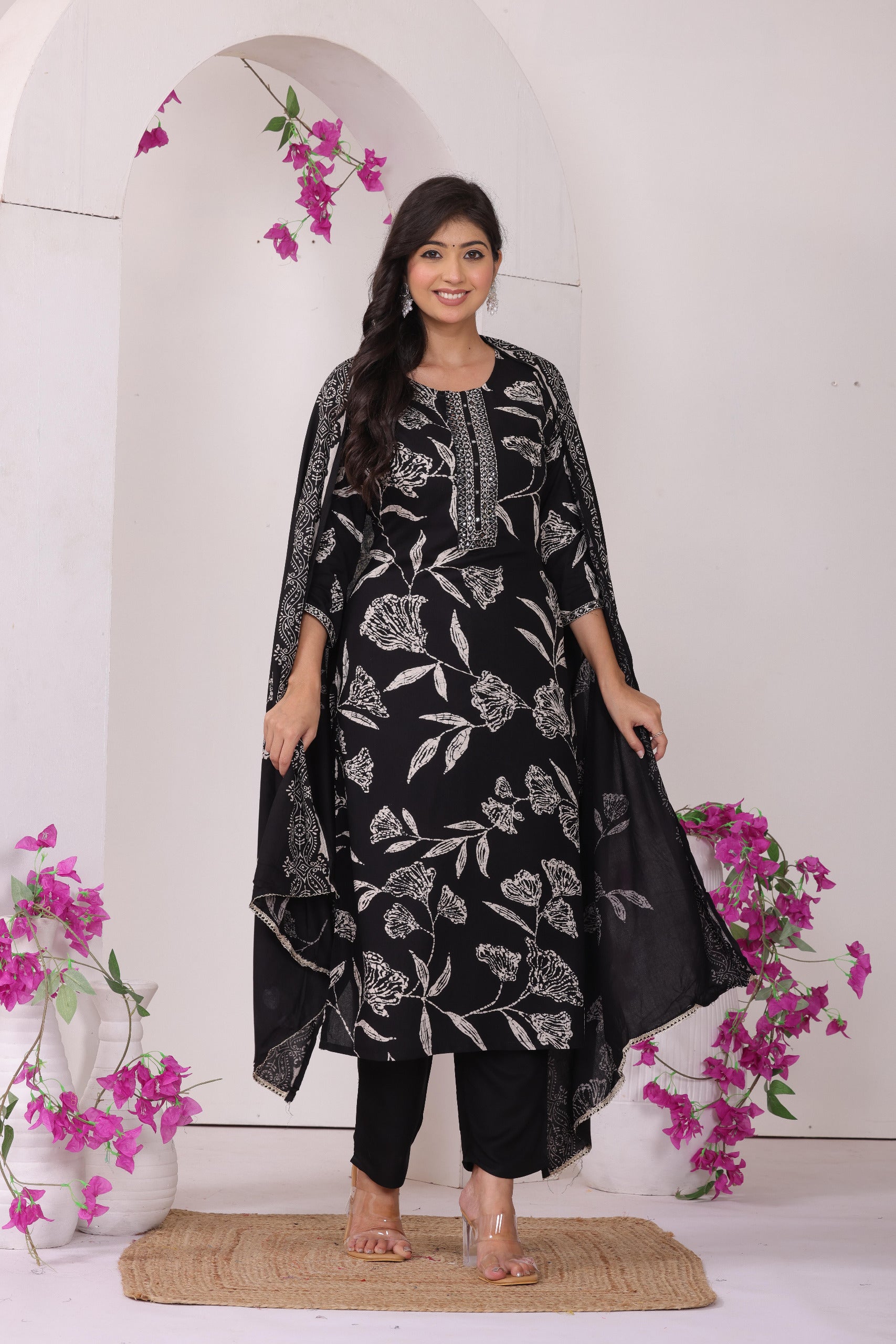 Midnight Bloom: Elegant Floral Printed Kurta Set with Dupatta