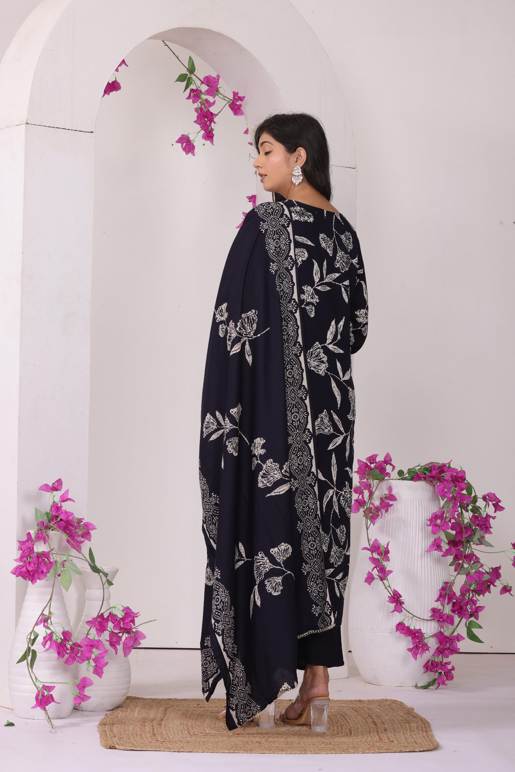 Midnight Bloom: Elegant Floral Printed Kurta Set with Dupatta