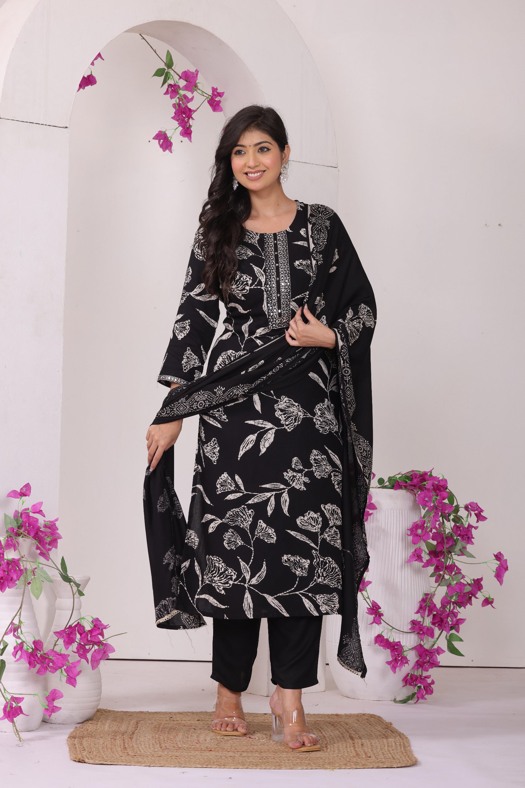 Midnight Bloom: Elegant Floral Printed Kurta Set with Dupatta
