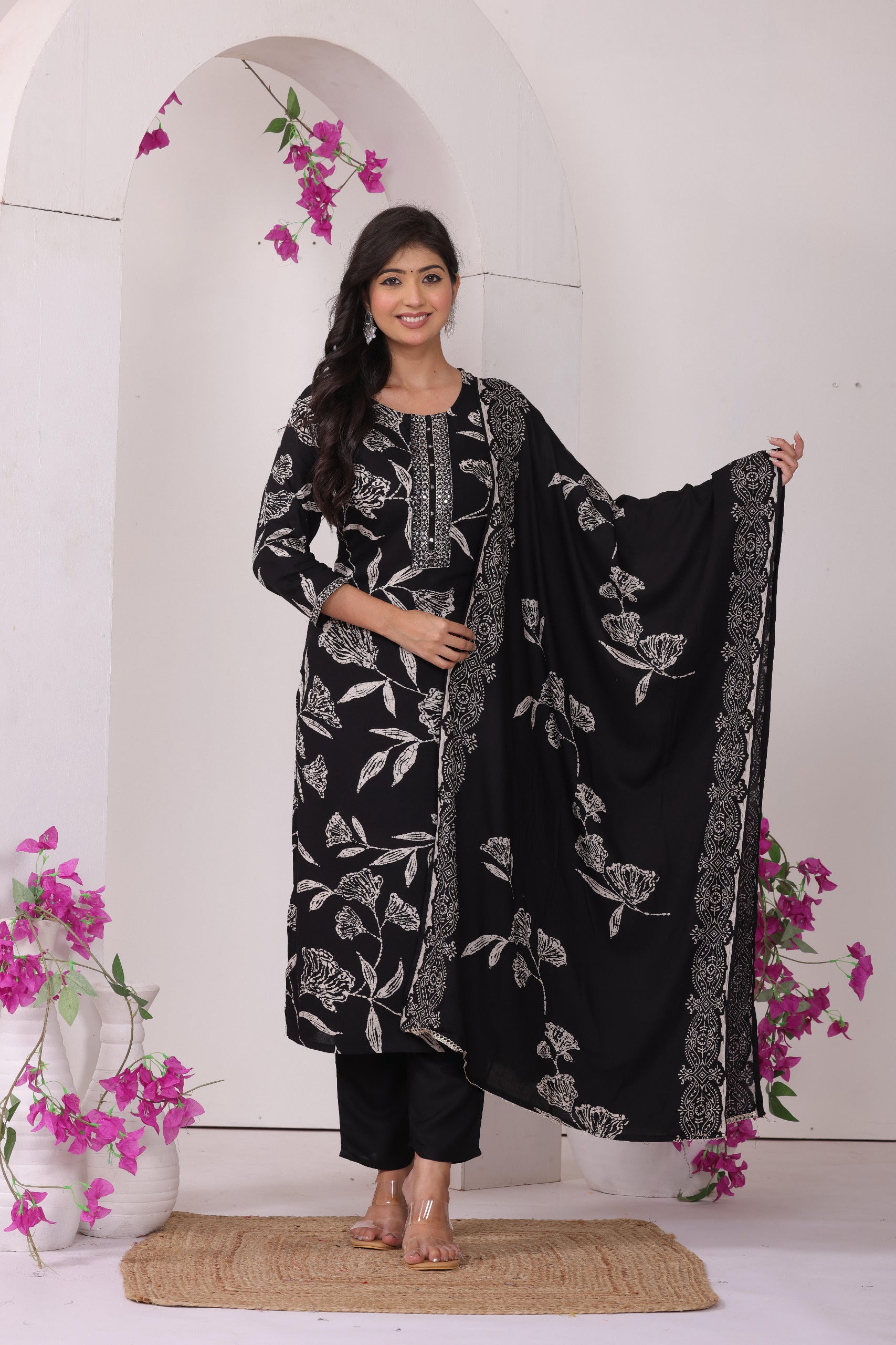 Midnight Bloom: Elegant Floral Printed Kurta Set with Dupatta