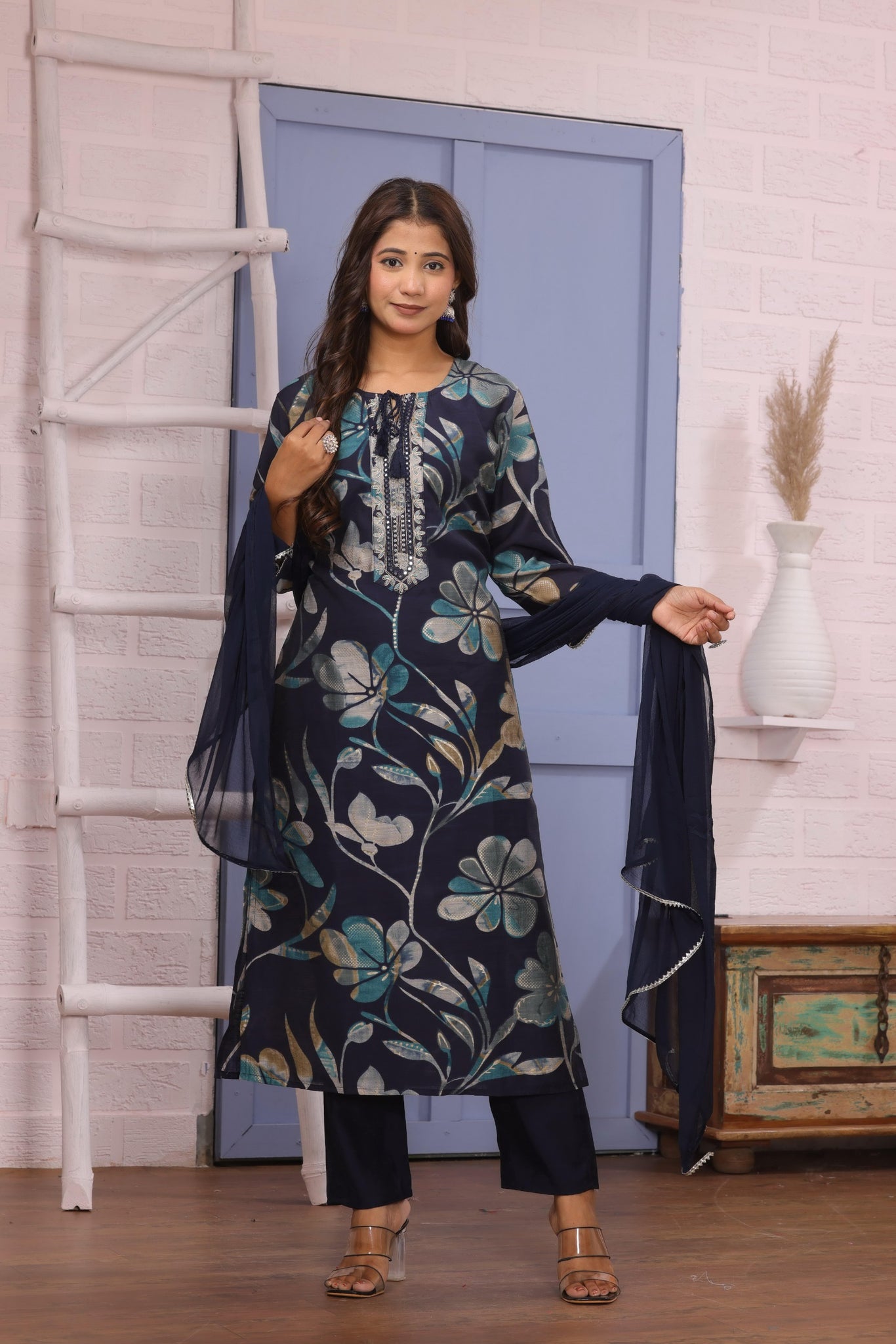 Azure Bloom: Navy & Teal Floral Embroidered Kurta Set with Chiffon Dupatta