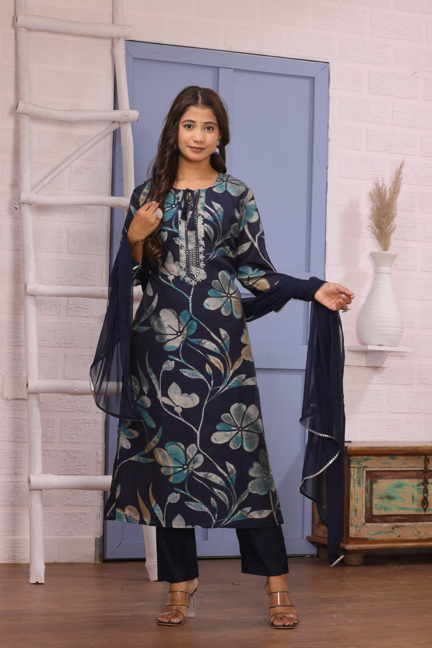 Azure Bloom: Navy & Teal Floral Embroidered Kurta Set with Chiffon Dupatta