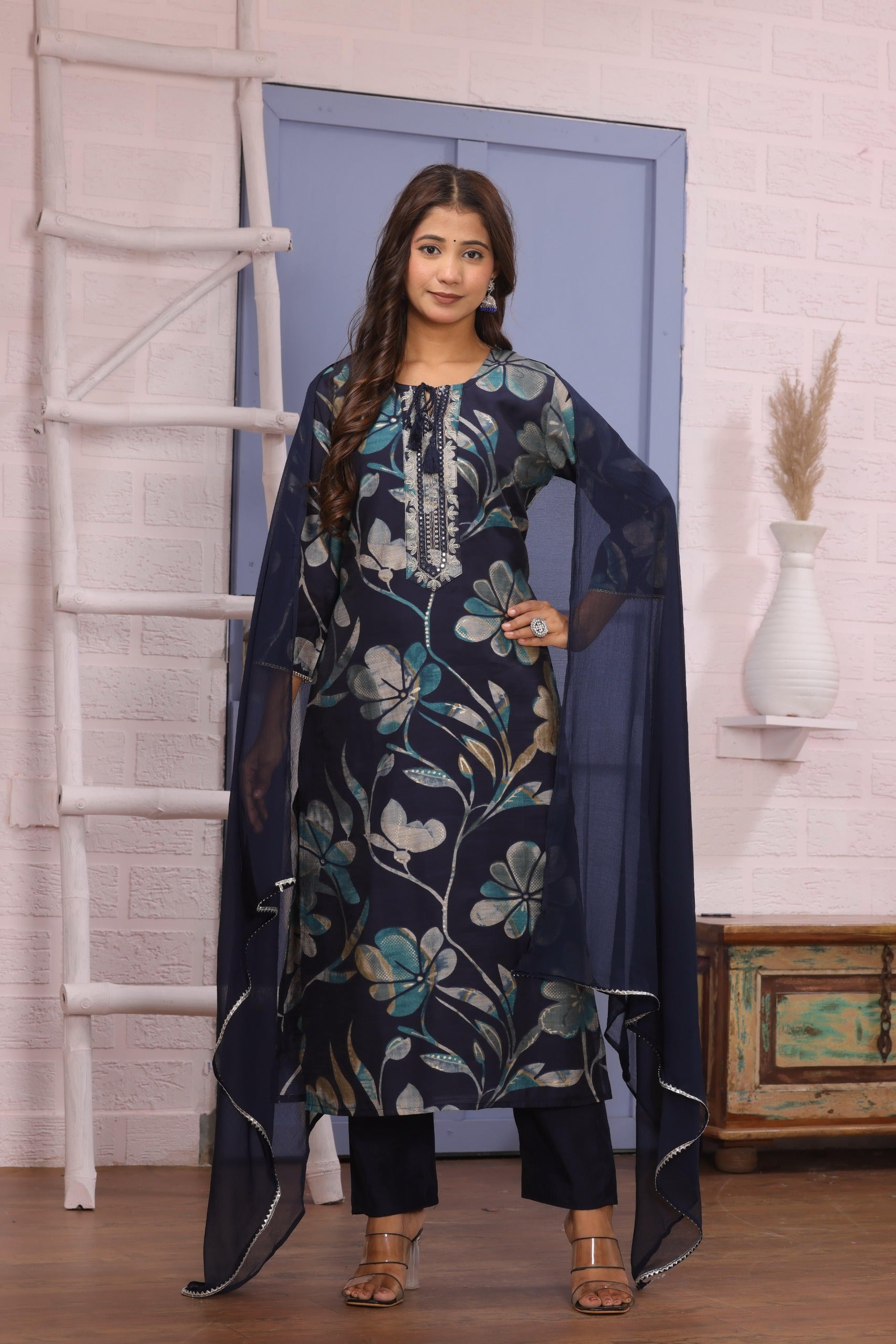 Azure Bloom: Navy & Teal Floral Embroidered Kurta Set with Chiffon Dupatta