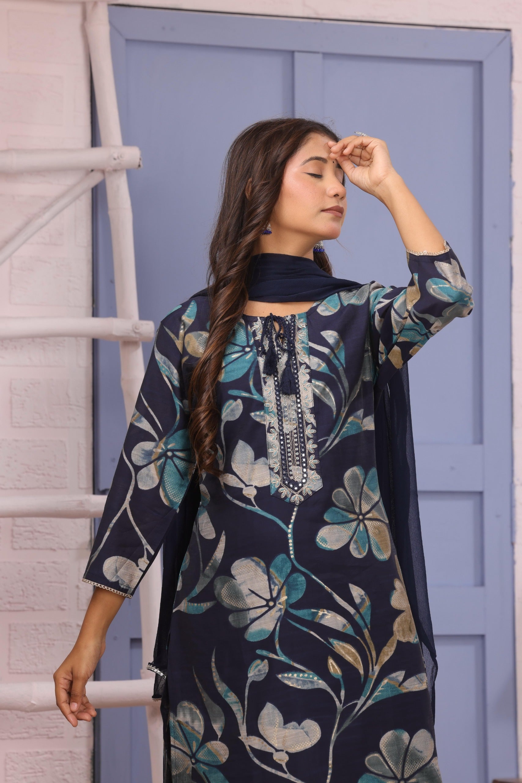 Azure Bloom: Navy & Teal Floral Embroidered Kurta Set with Chiffon Dupatta