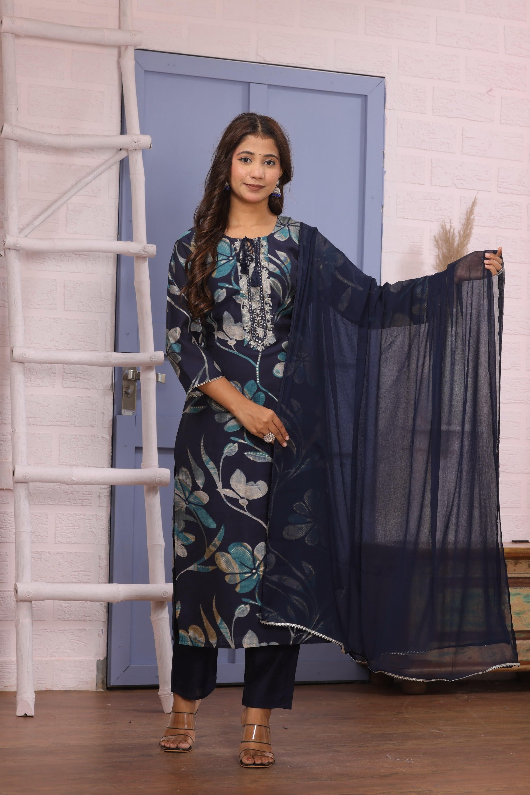 Azure Bloom: Navy & Teal Floral Embroidered Kurta Set with Chiffon Dupatta