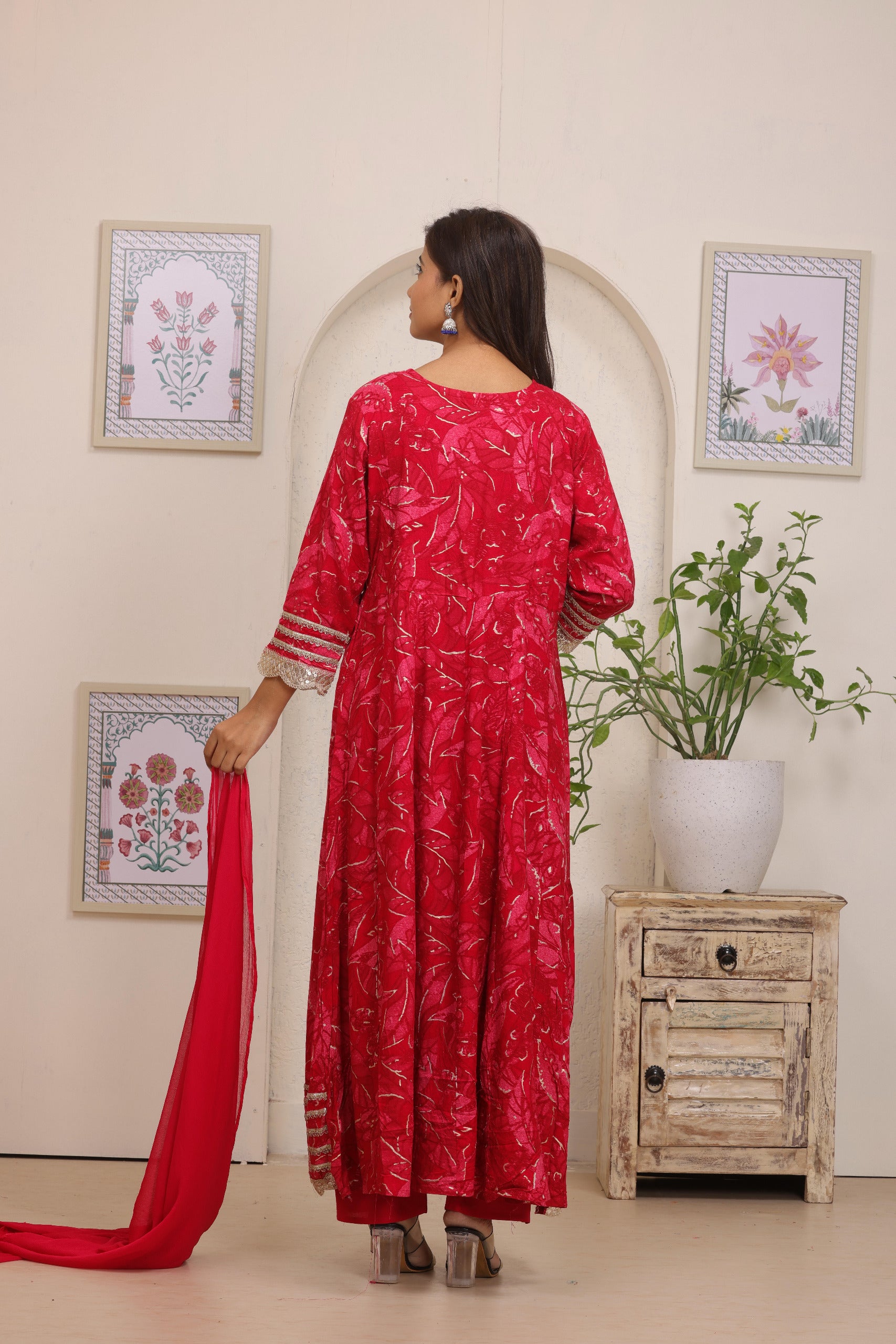 Luxurious Deep Red Printed Angrakha Kurta Set | Festive 3-Piece Ensemble