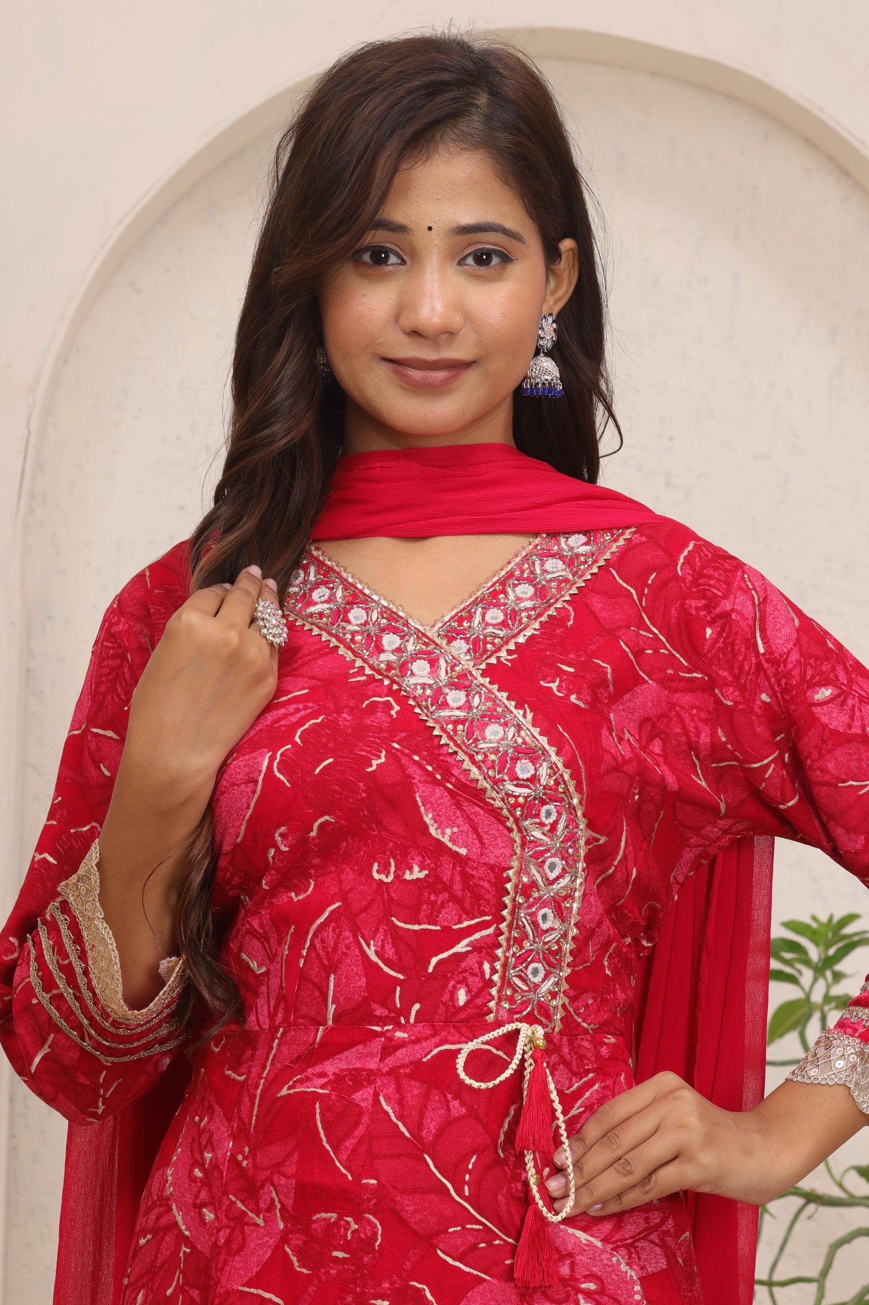 Luxurious Deep Red Printed Angrakha Kurta Set | Festive 3-Piece Ensemble