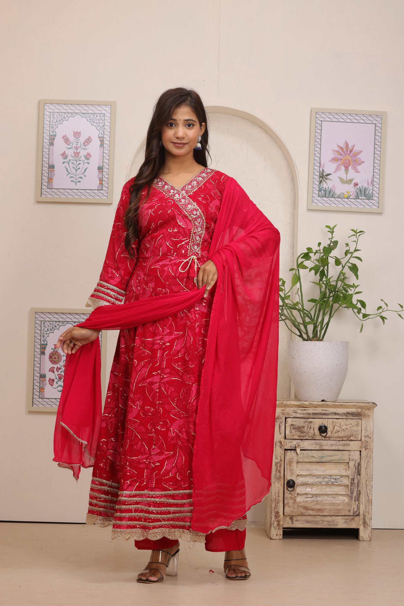 Luxurious Deep Red Printed Angrakha Kurta Set | Festive 3-Piece Ensemble