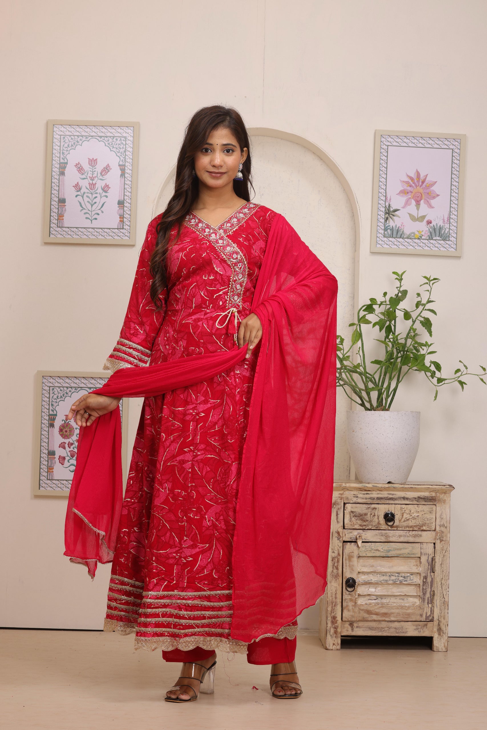 Luxurious Deep Red Printed Angrakha Kurta Set | Festive 3-Piece Ensemble