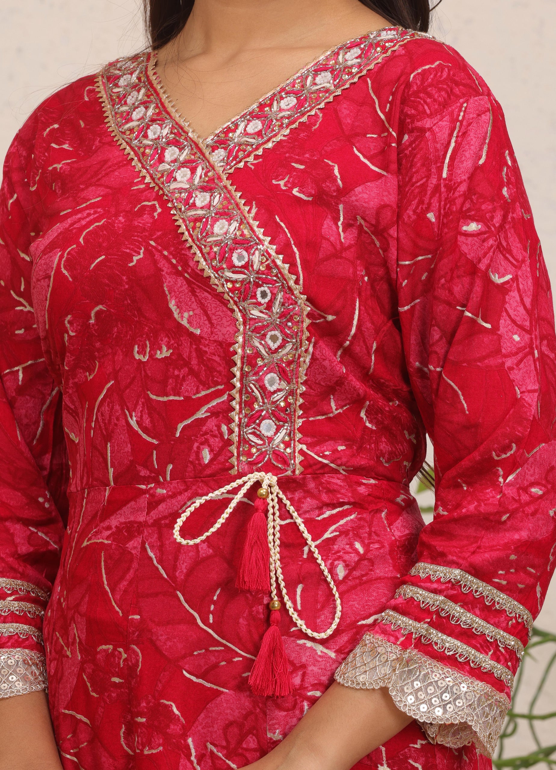 Luxurious Deep Red Printed Angrakha Kurta Set | Festive 3-Piece Ensemble