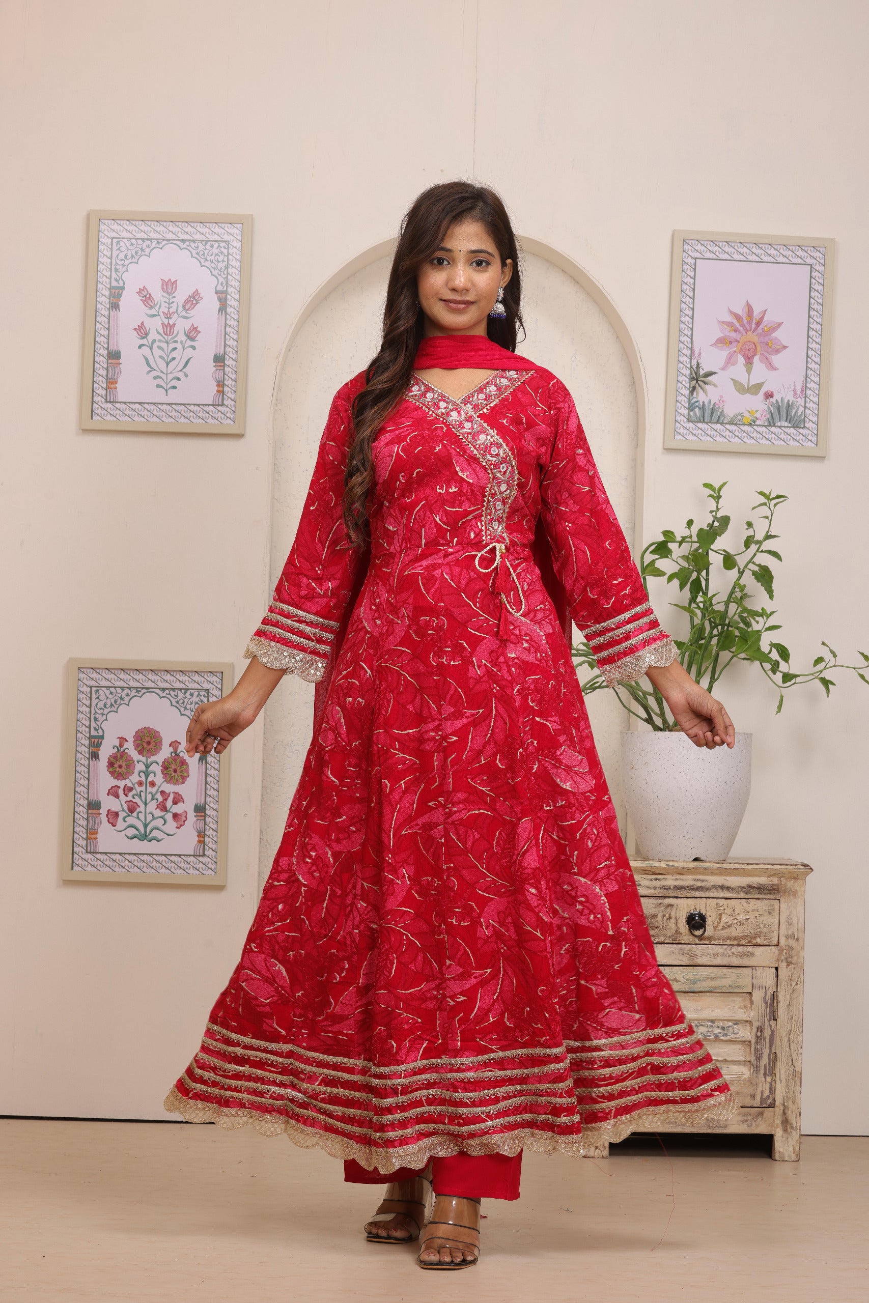 Luxurious Deep Red Printed Angrakha Kurta Set | Festive 3-Piece Ensemble