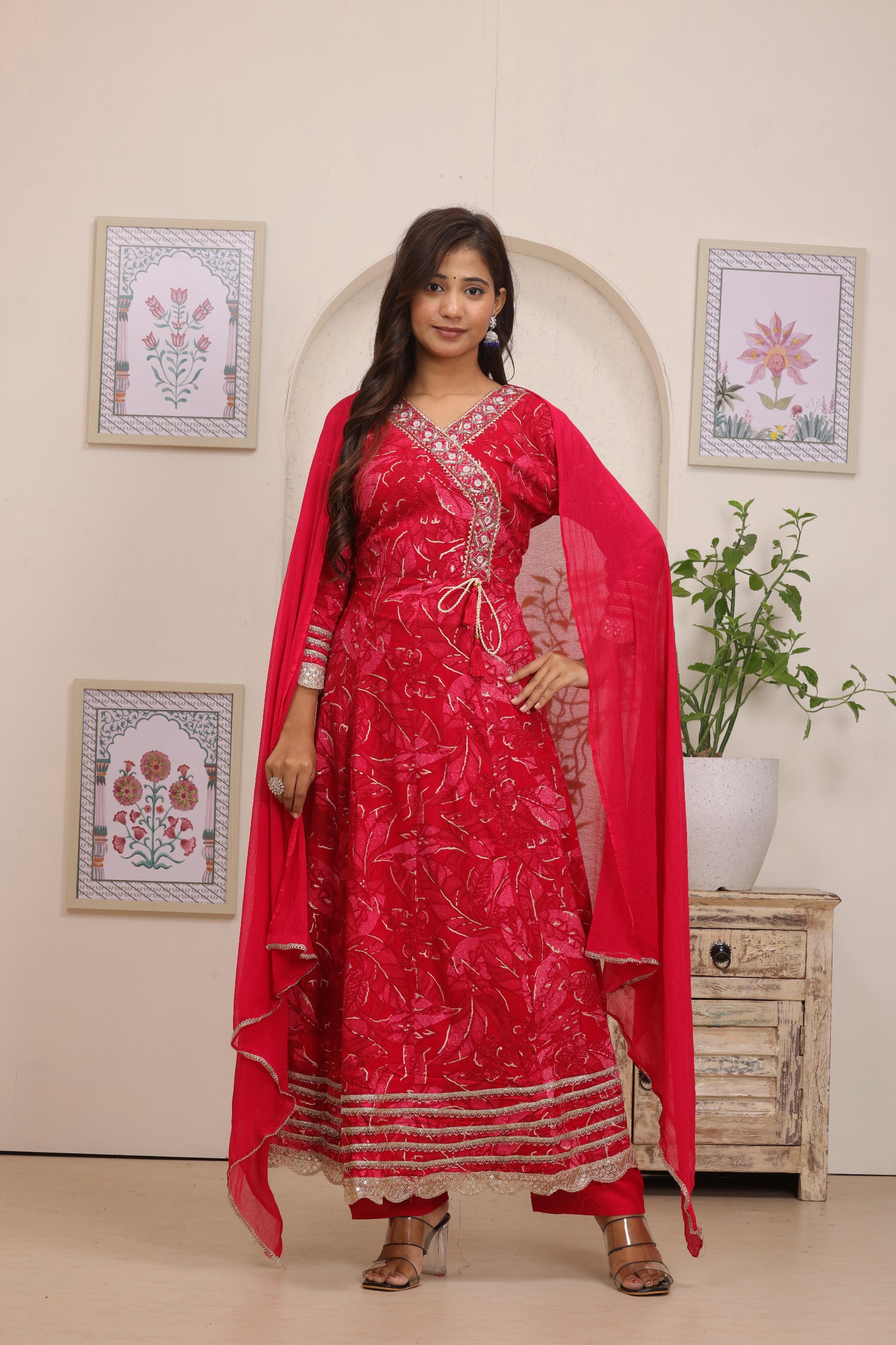 Luxurious Deep Red Printed Angrakha Kurta Set | Festive 3-Piece Ensemble