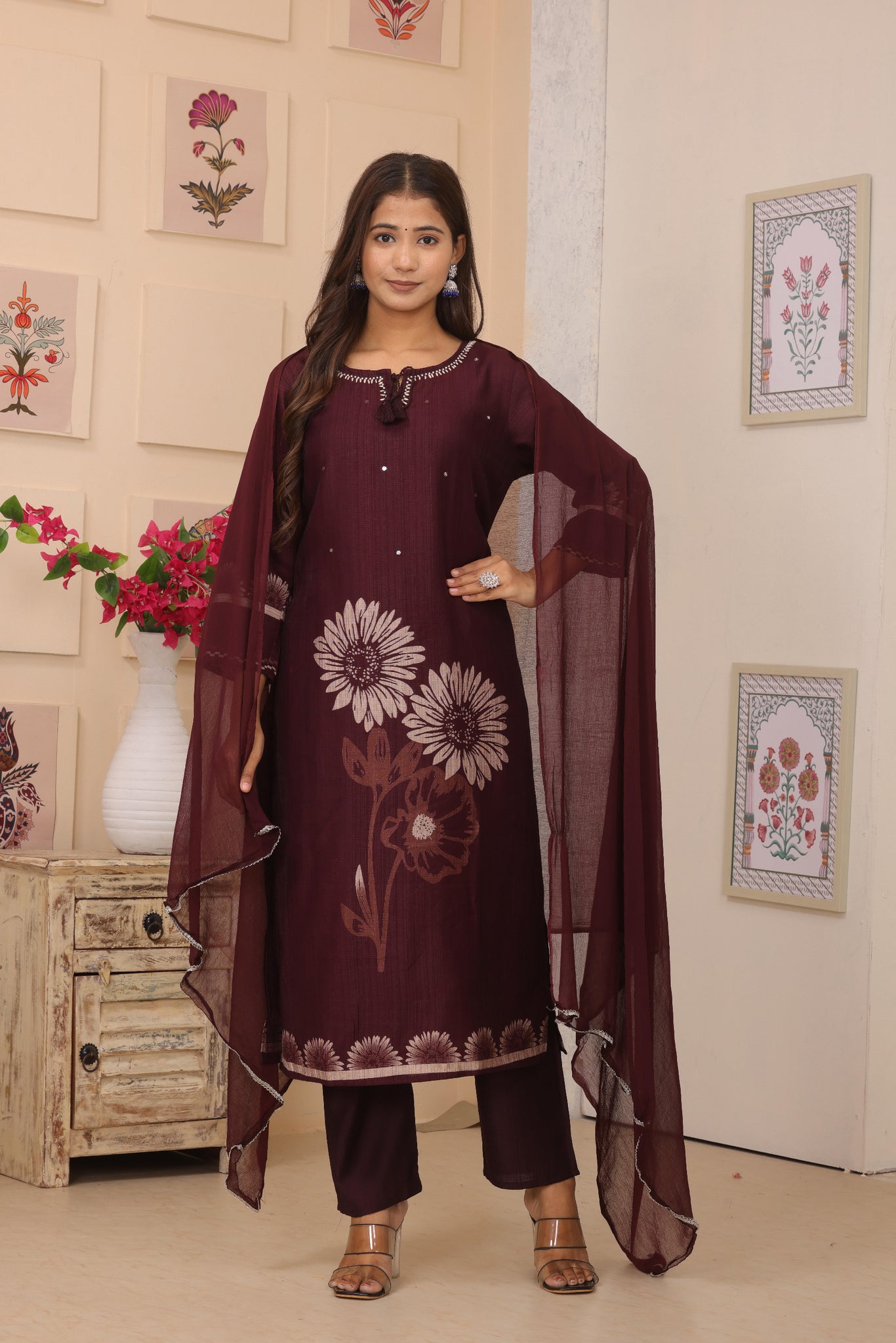 Elegant Burgundy Floral Motif Kurta Set with Embellished Neck & Sheer Dupatta
