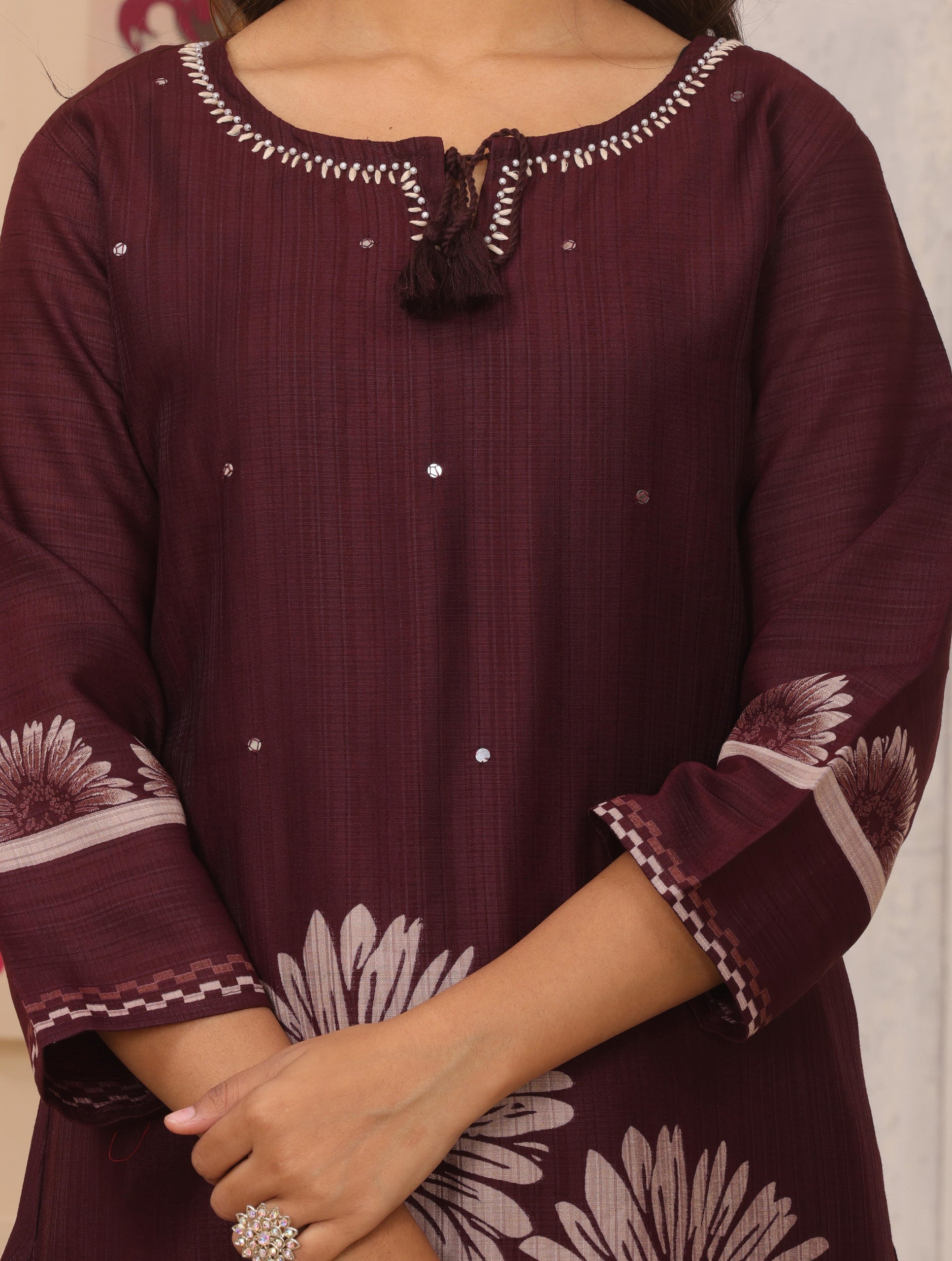 Elegant Burgundy Floral Motif Kurta Set with Embellished Neck & Sheer Dupatta