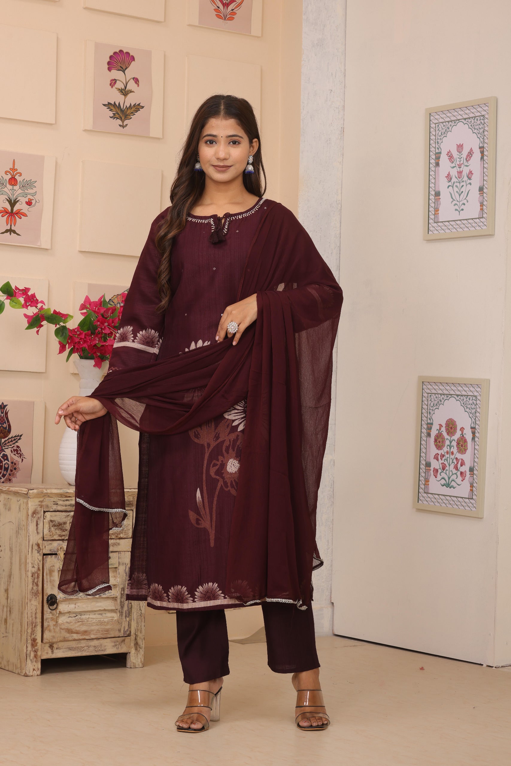 Elegant Burgundy Floral Motif Kurta Set with Embellished Neck & Sheer Dupatta