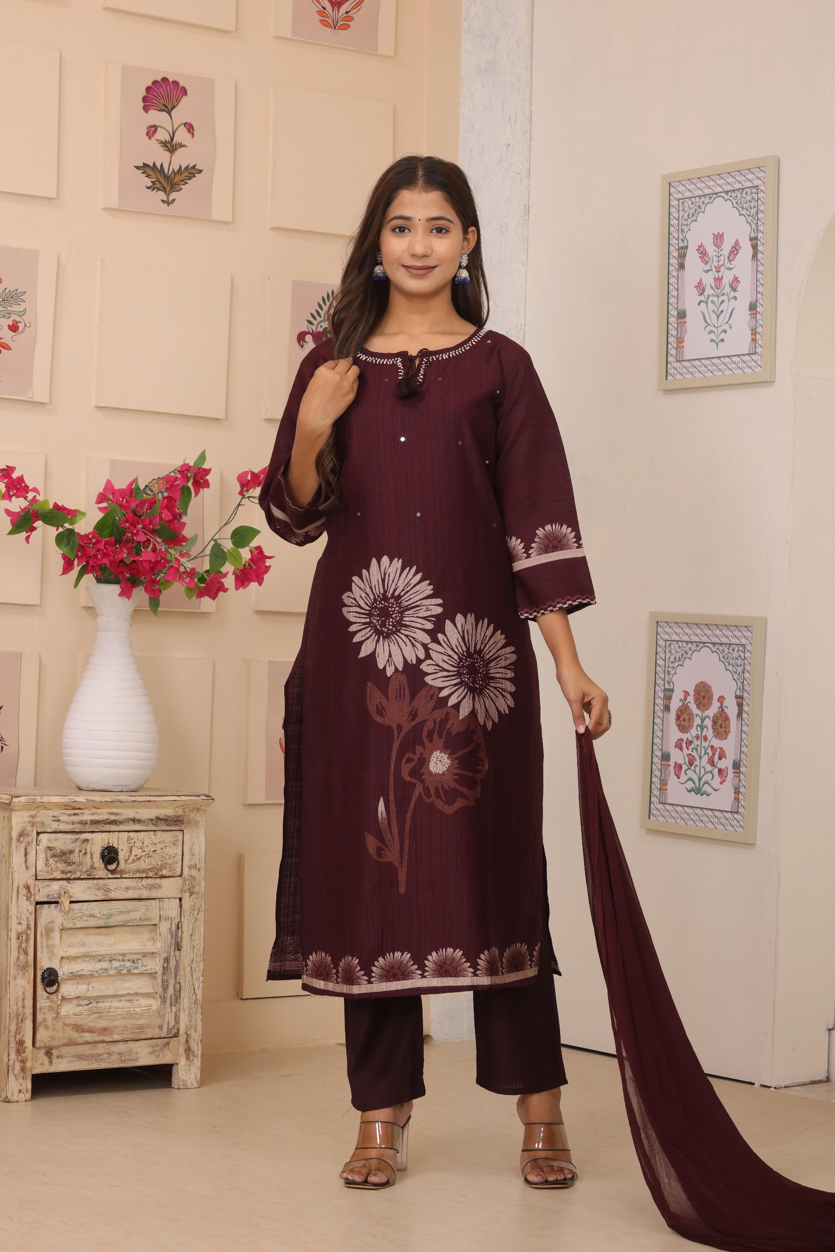 Elegant Burgundy Floral Motif Kurta Set with Embellished Neck & Sheer Dupatta