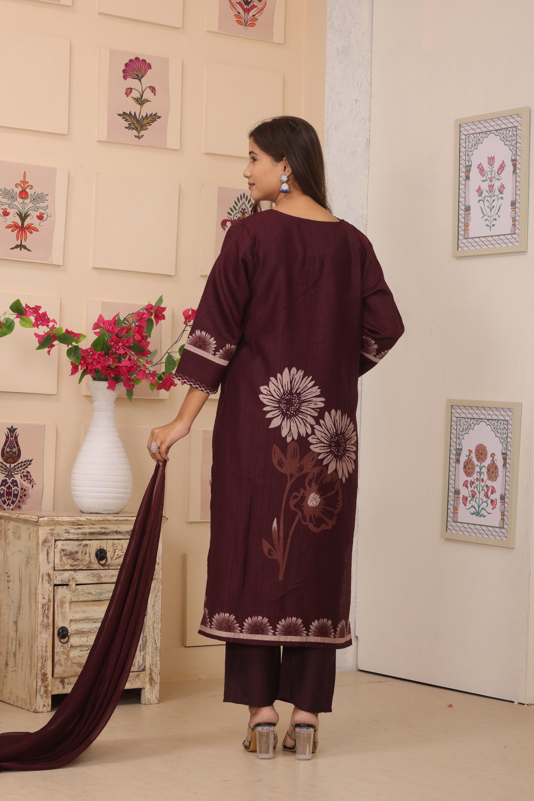 Elegant Burgundy Floral Motif Kurta Set with Embellished Neck & Sheer Dupatta