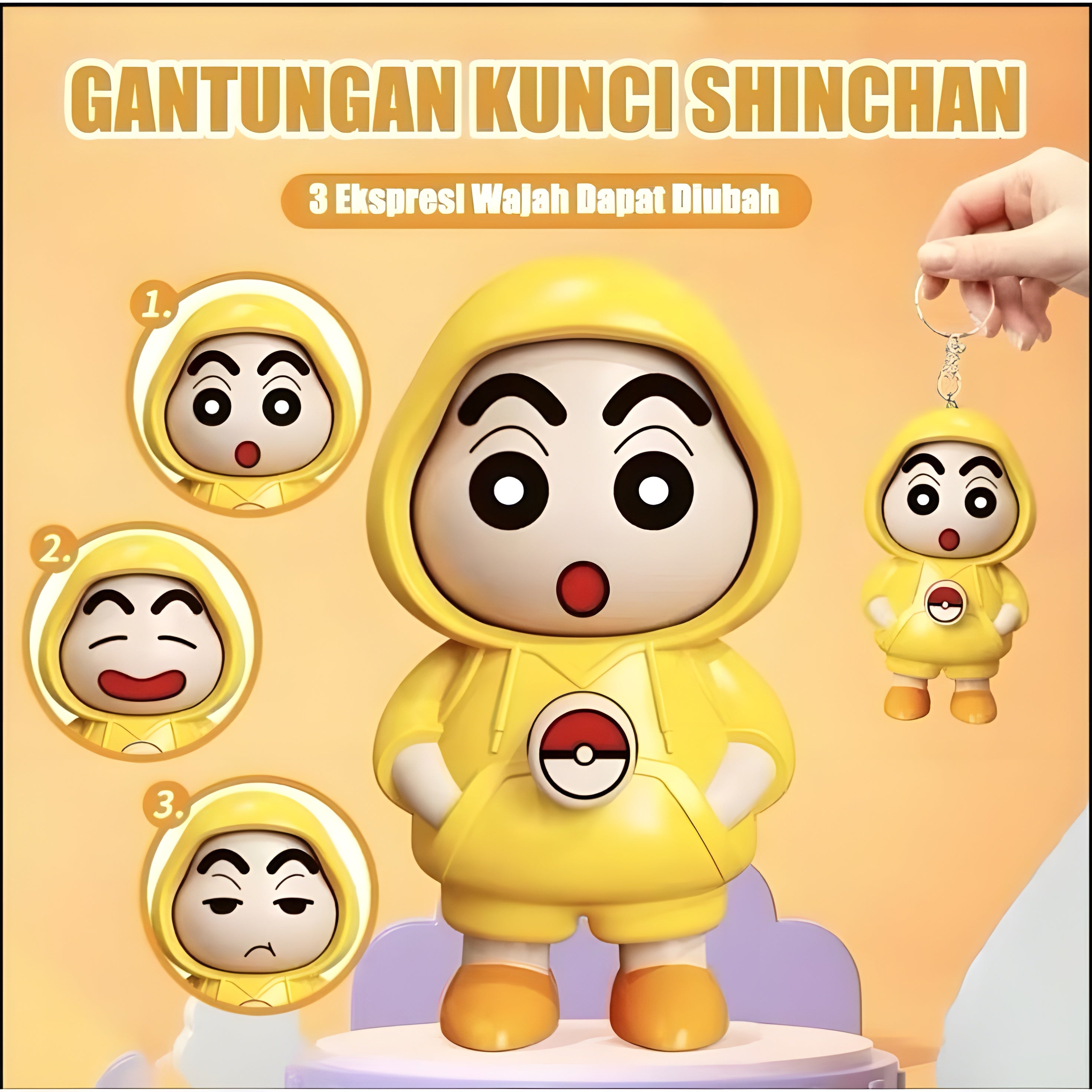 Shinchan Face Changing Keychain – 3 Expression Fun Cartoon Toy | Yellow Hooded Collectible Bag & Key Accessory