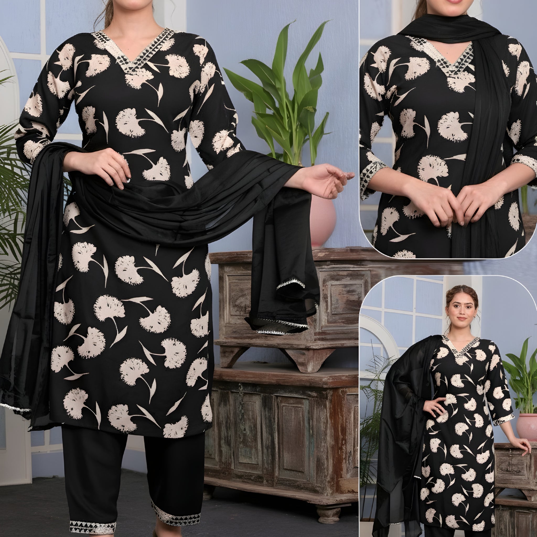 Trendy Floral Printed Kurti Set with Dupatta – Premium Quality, 3 Colors Available