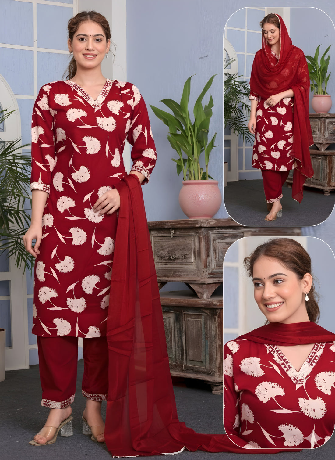 Trendy Floral Printed Kurti Set with Dupatta – Premium Quality, 3 Colors Available