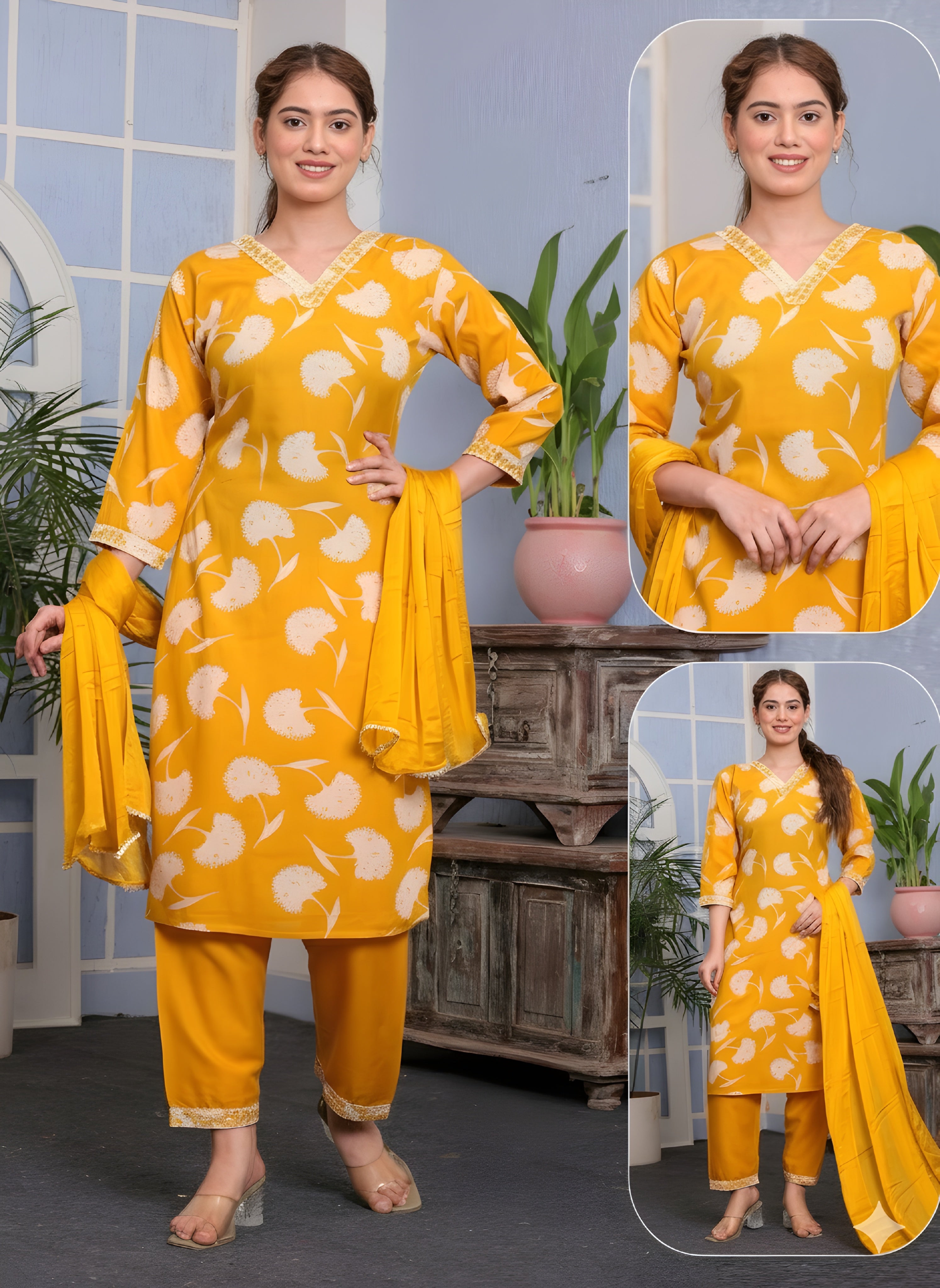 Trendy Floral Printed Kurti Set with Dupatta – Premium Quality, 3 Colors Available