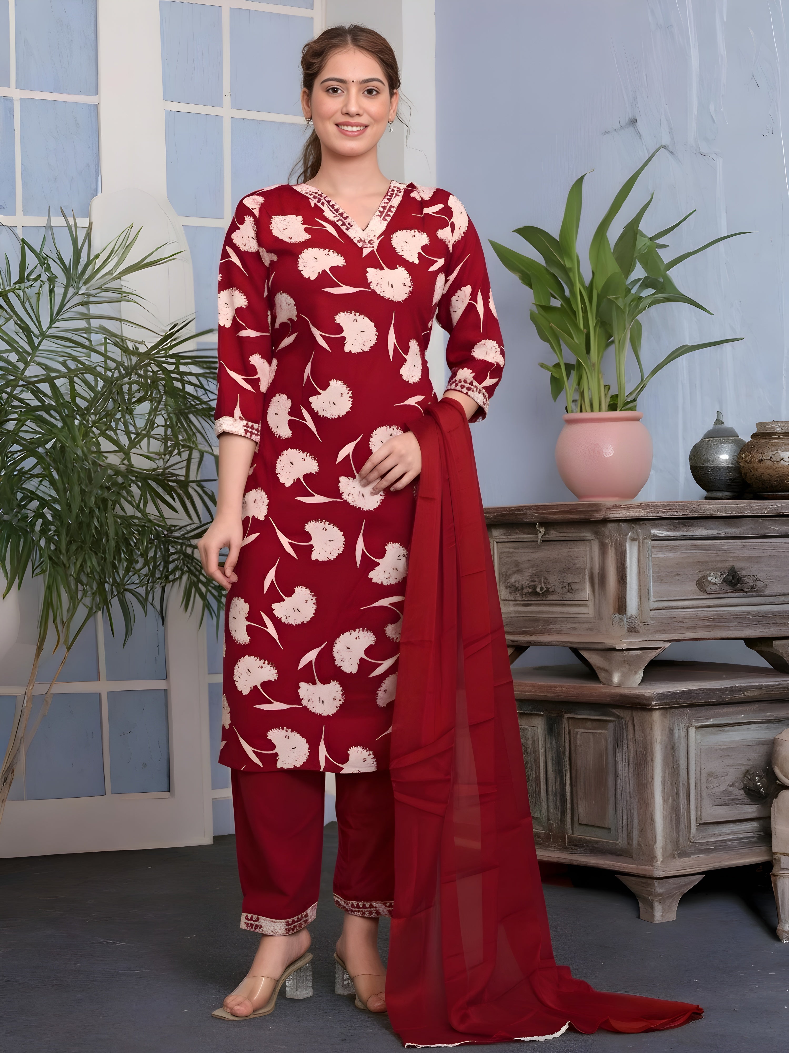 Trendy Floral Printed Kurti Set with Dupatta – Premium Quality, 3 Colors Available