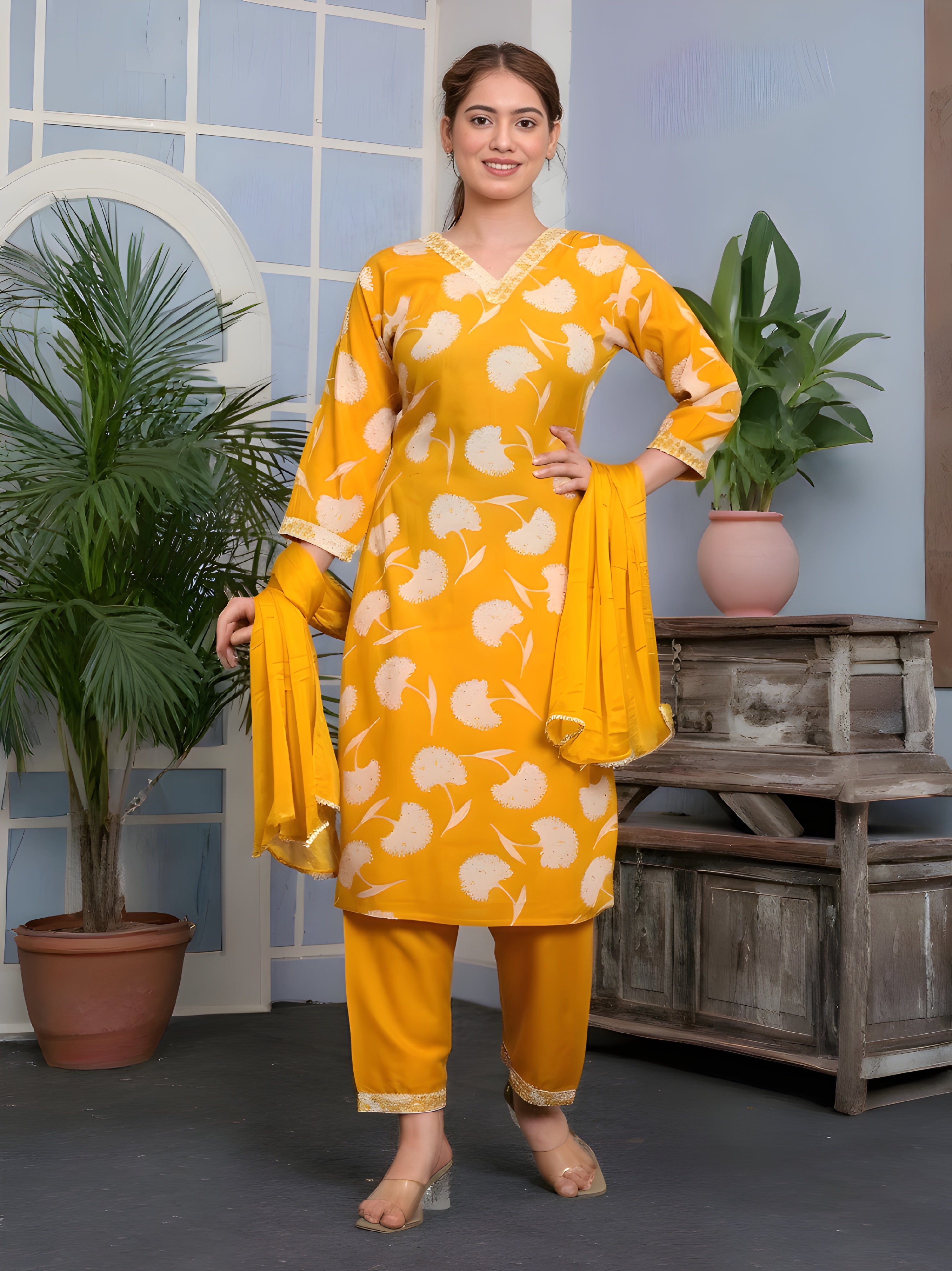Trendy Floral Printed Kurti Set with Dupatta – Premium Quality, 3 Colors Available