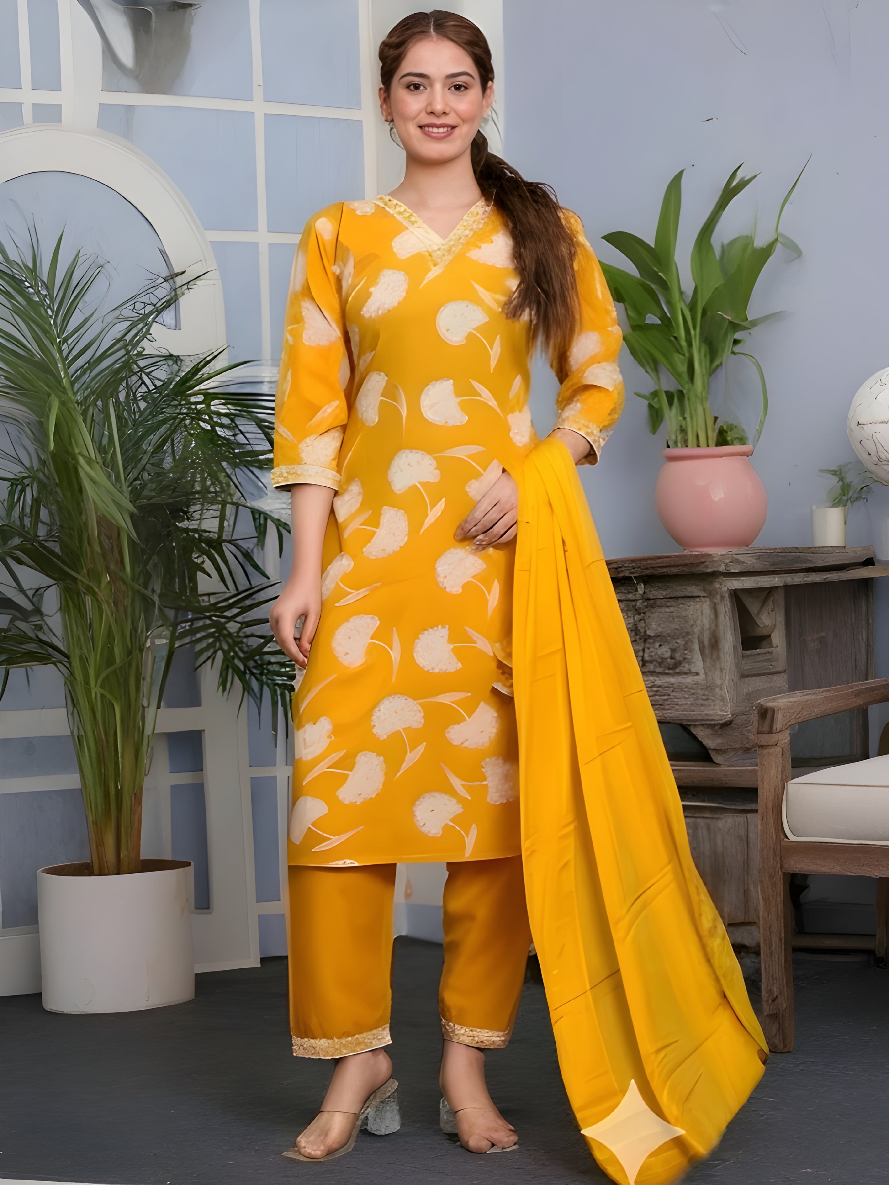 Trendy Floral Printed Kurti Set with Dupatta – Premium Quality, 3 Colors Available
