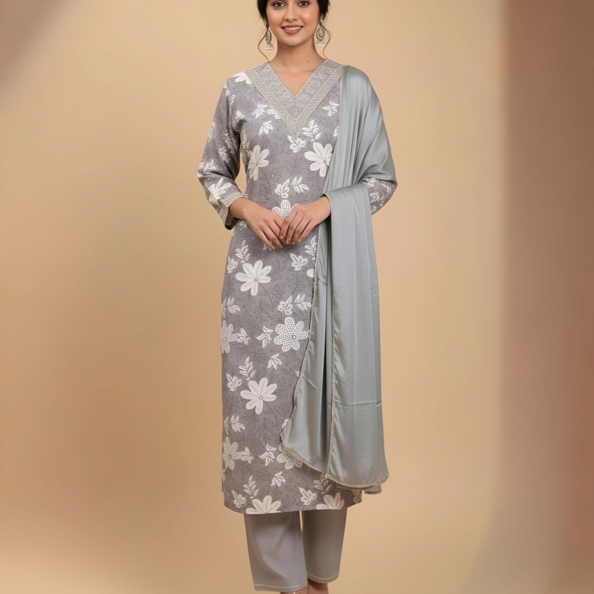 Luxury Grey Silk Straight-Cut Kurta with White Threadwork and Trousers