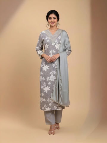 Luxury Grey Silk Straight-Cut Kurta with White Threadwork and Trousers