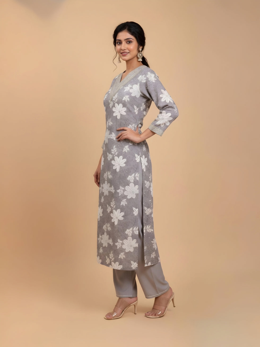 Luxury Grey Silk Straight-Cut Kurta with White Threadwork and Trousers