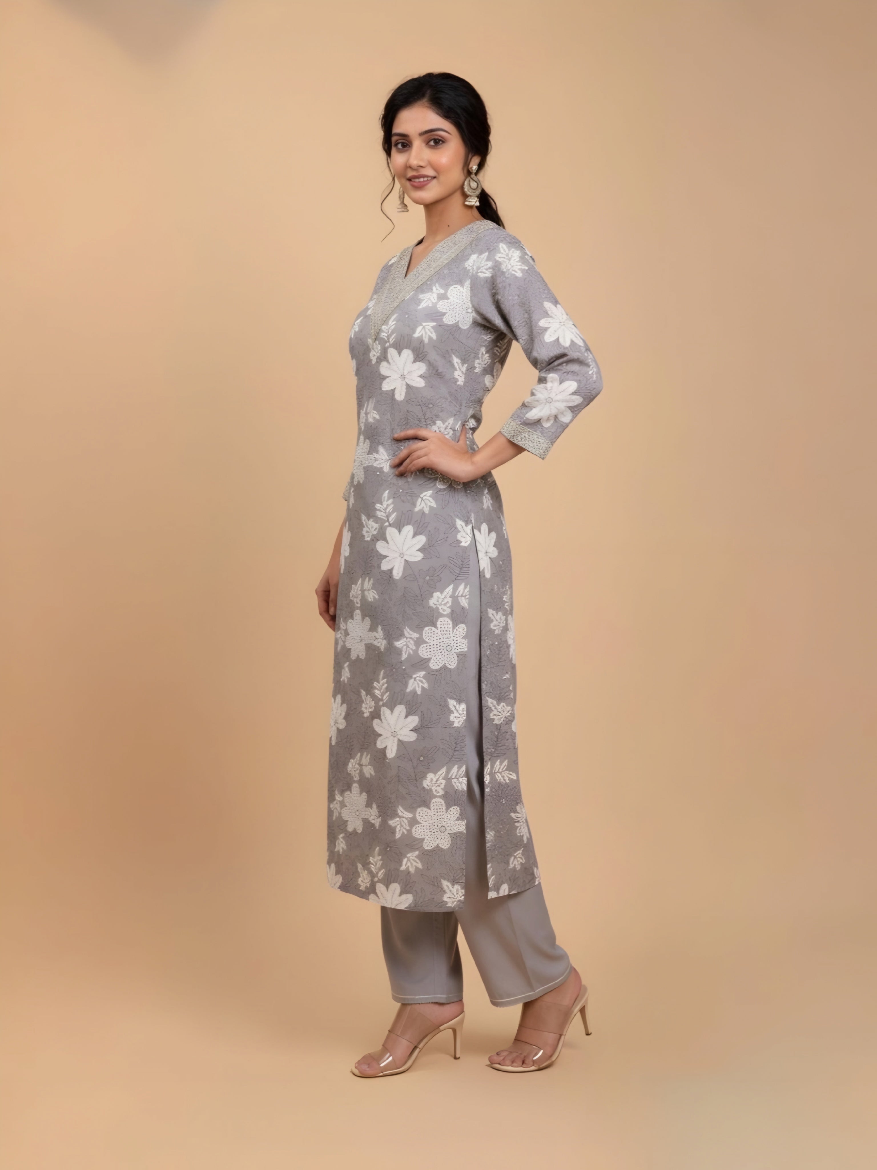 Luxury Grey Silk Straight-Cut Kurta with White Threadwork and Trousers