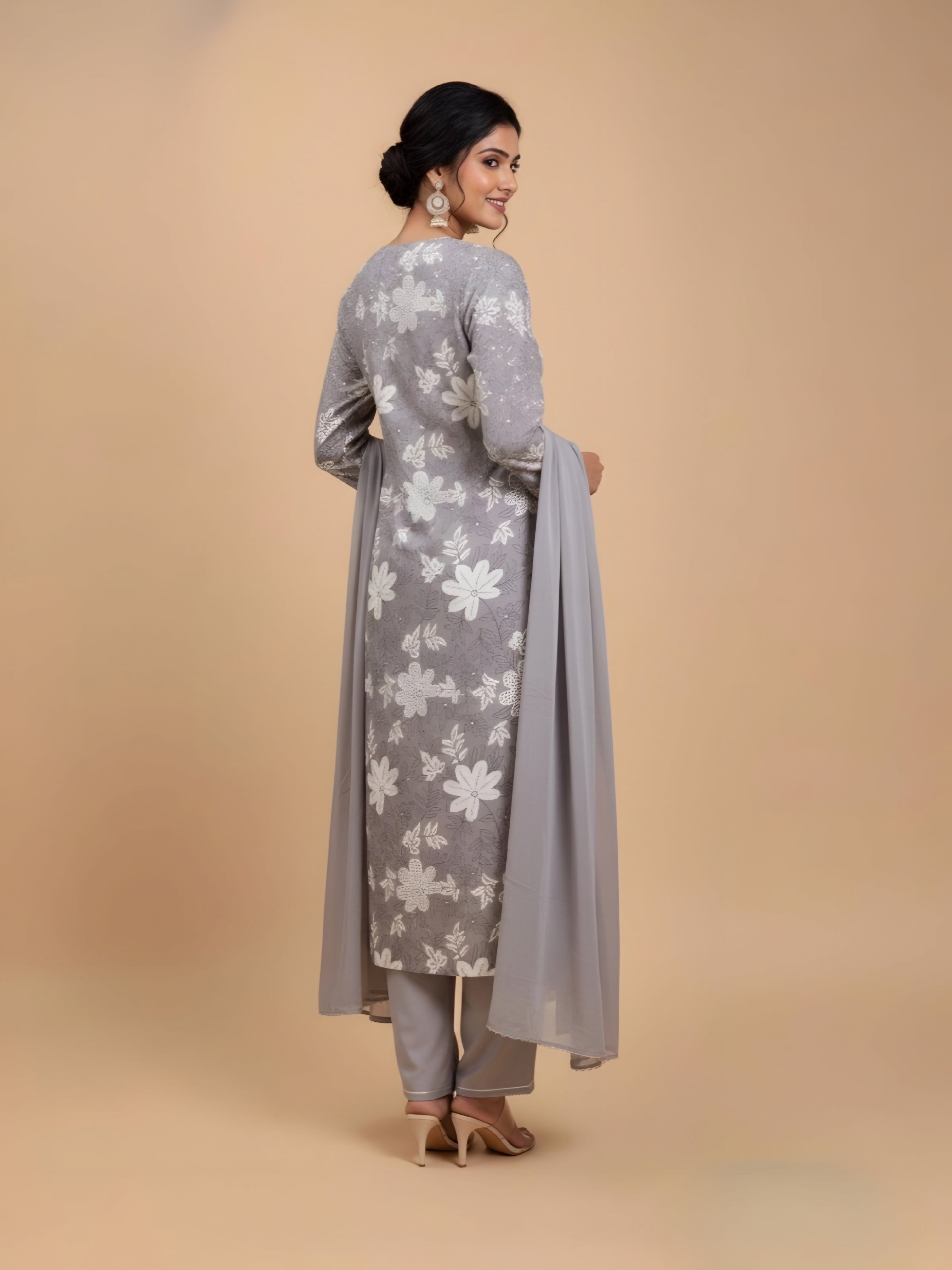 Luxury Grey Silk Straight-Cut Kurta with White Threadwork and Trousers