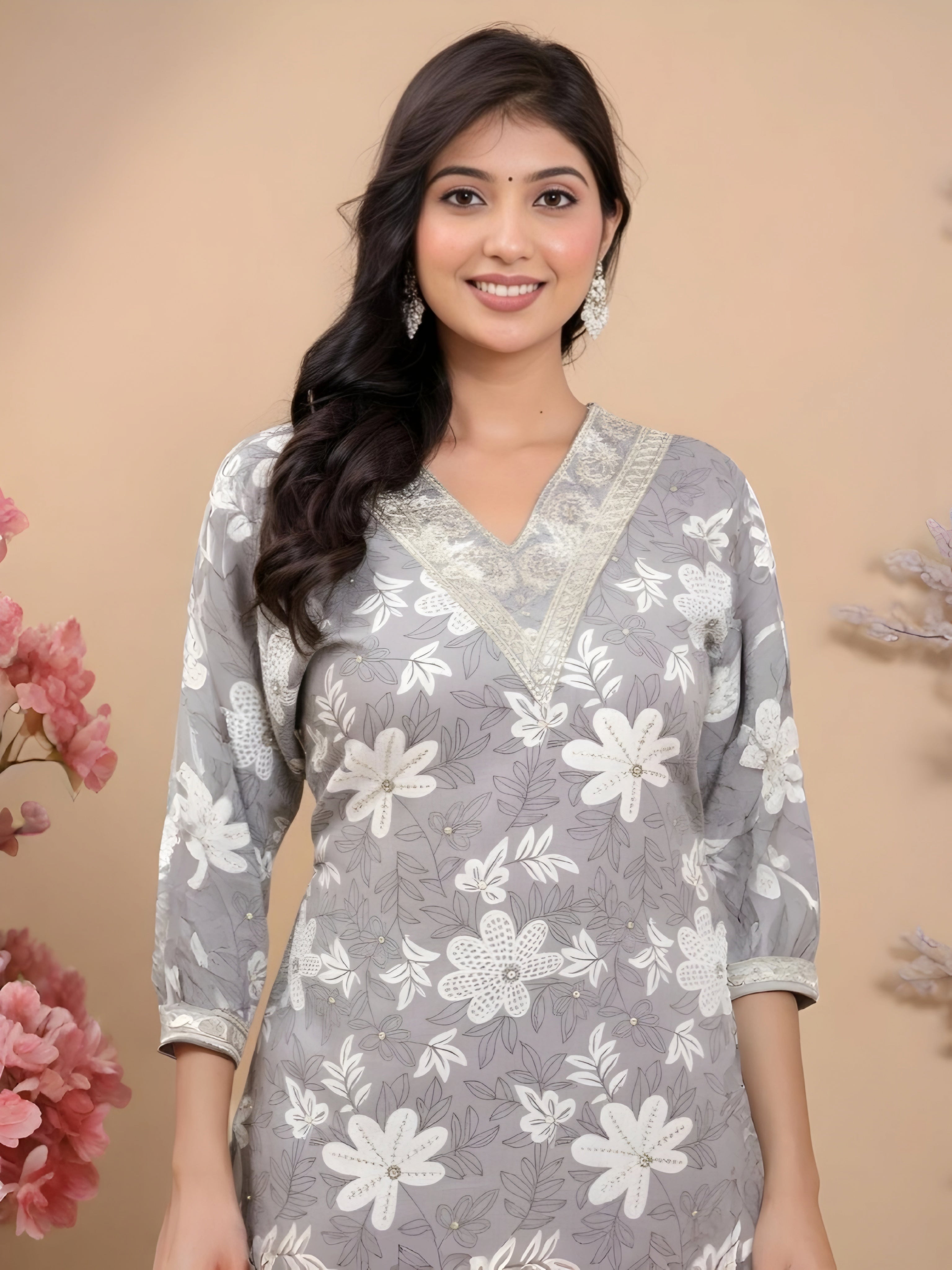 Luxury Grey Silk Straight-Cut Kurta with White Threadwork and Trousers